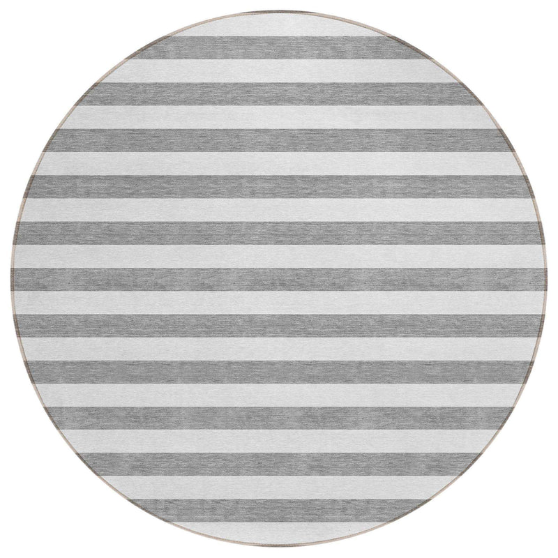 8' Round Gray and White Round Striped Washable Non Skid Indoor Outdoor Area Rug