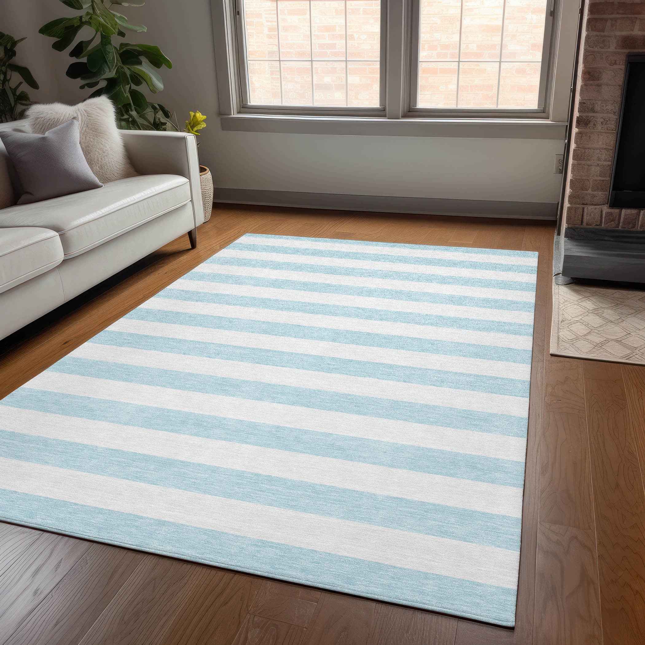 3' X 5' Sky Blue Striped Washable Non Skid Indoor Outdoor Area Rug