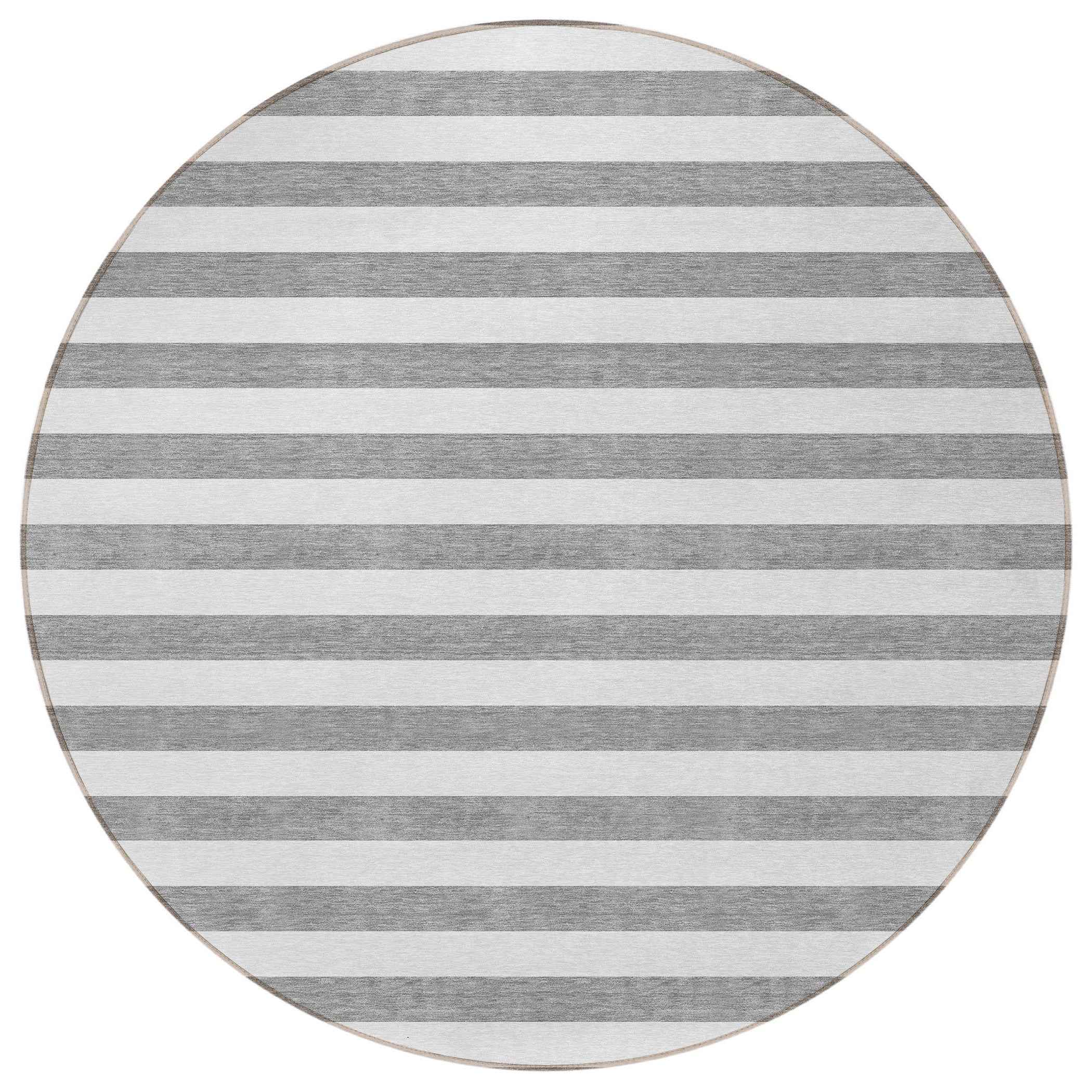 8' Round Gray and White Round Striped Washable Non Skid Indoor Outdoor Area Rug