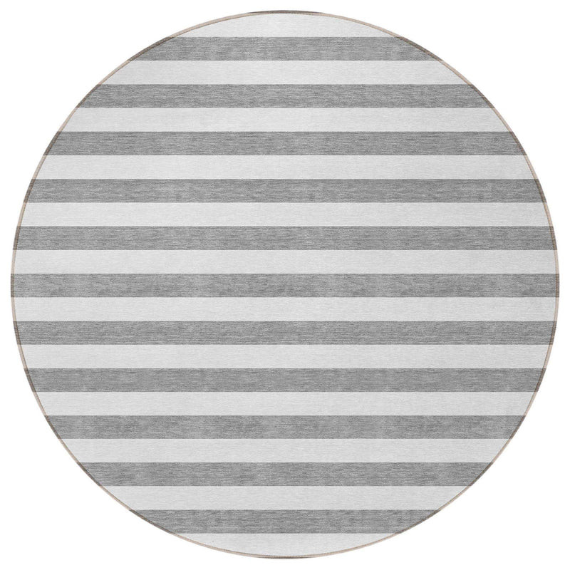 8' Round Gray and White Round Striped Washable Non Skid Indoor Outdoor Area Rug