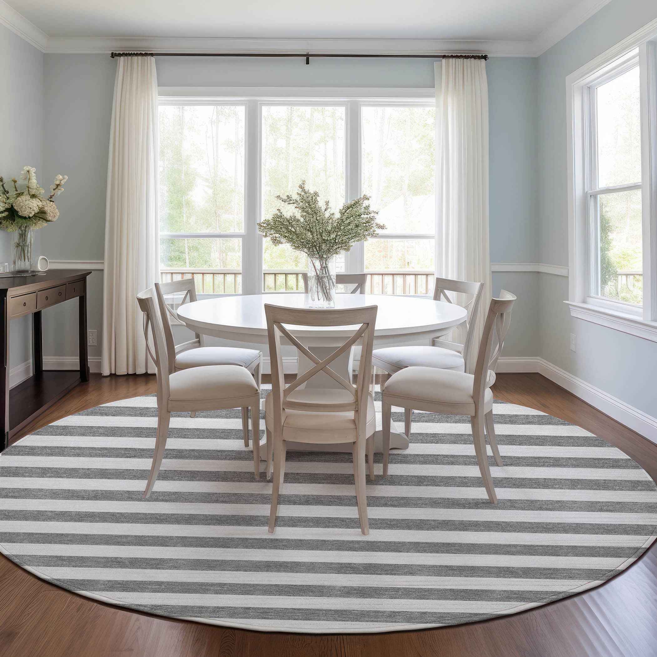 8' Round Gray and White Round Striped Washable Non Skid Indoor Outdoor Area Rug