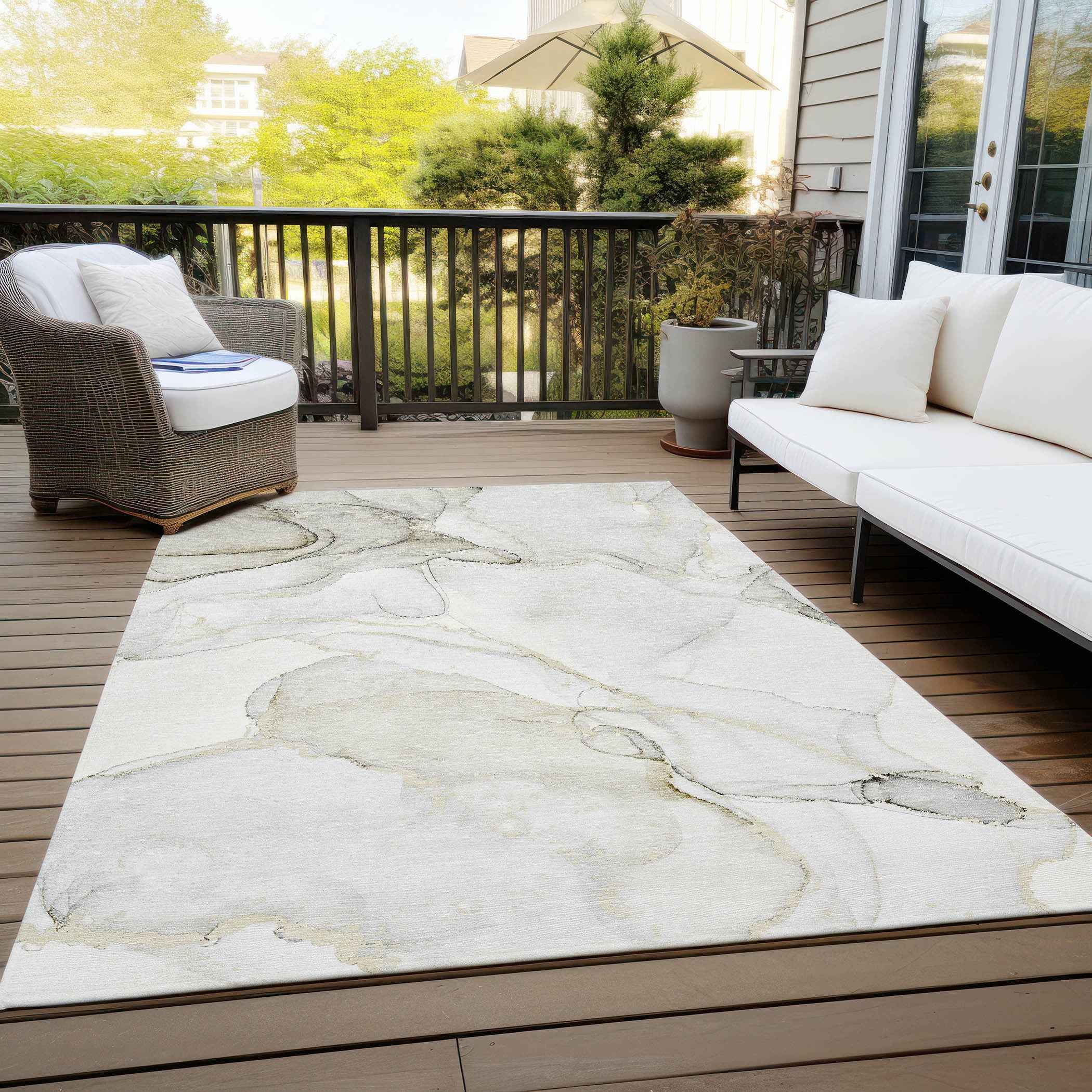 8' X 10' Beige and Ivory Abstract Washable Non Skid Indoor Outdoor Area Rug