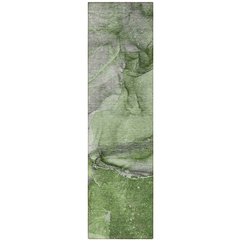 8' Runner Olive Green Abstract Washable Non Skid Indoor Outdoor Runner Rug