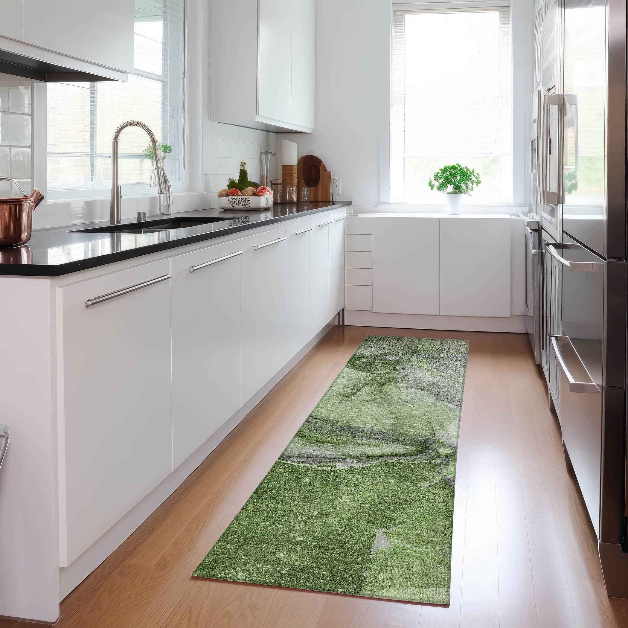 8' Runner Olive Green Abstract Washable Non Skid Indoor Outdoor Runner Rug