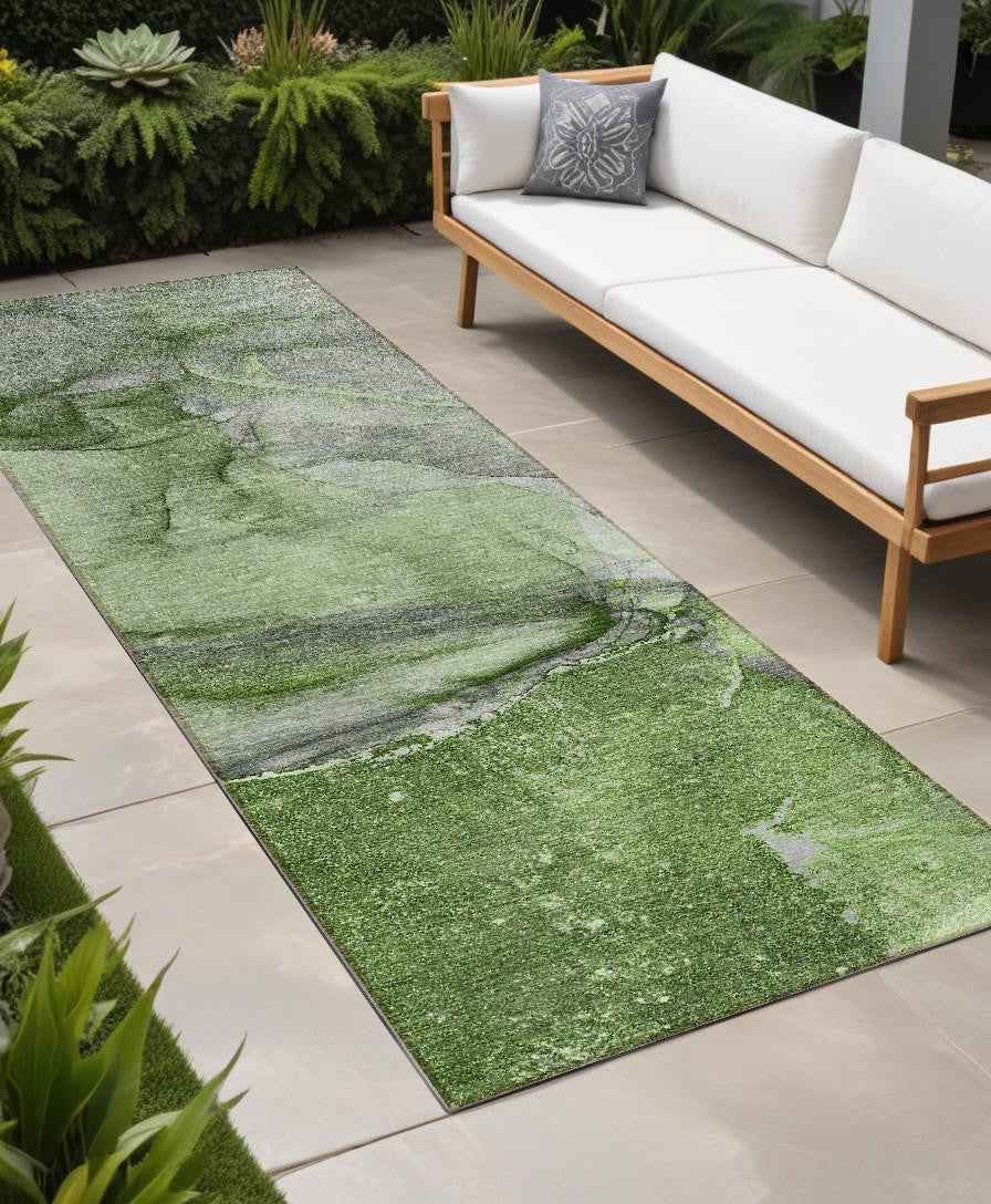8' Runner Olive Green Abstract Washable Non Skid Indoor Outdoor Runner Rug