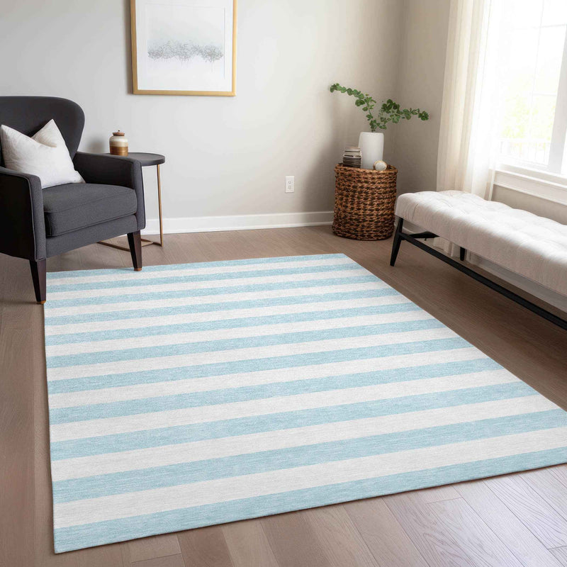 10' X 14' Blue and White Striped Washable Indoor Outdoor Area Rug