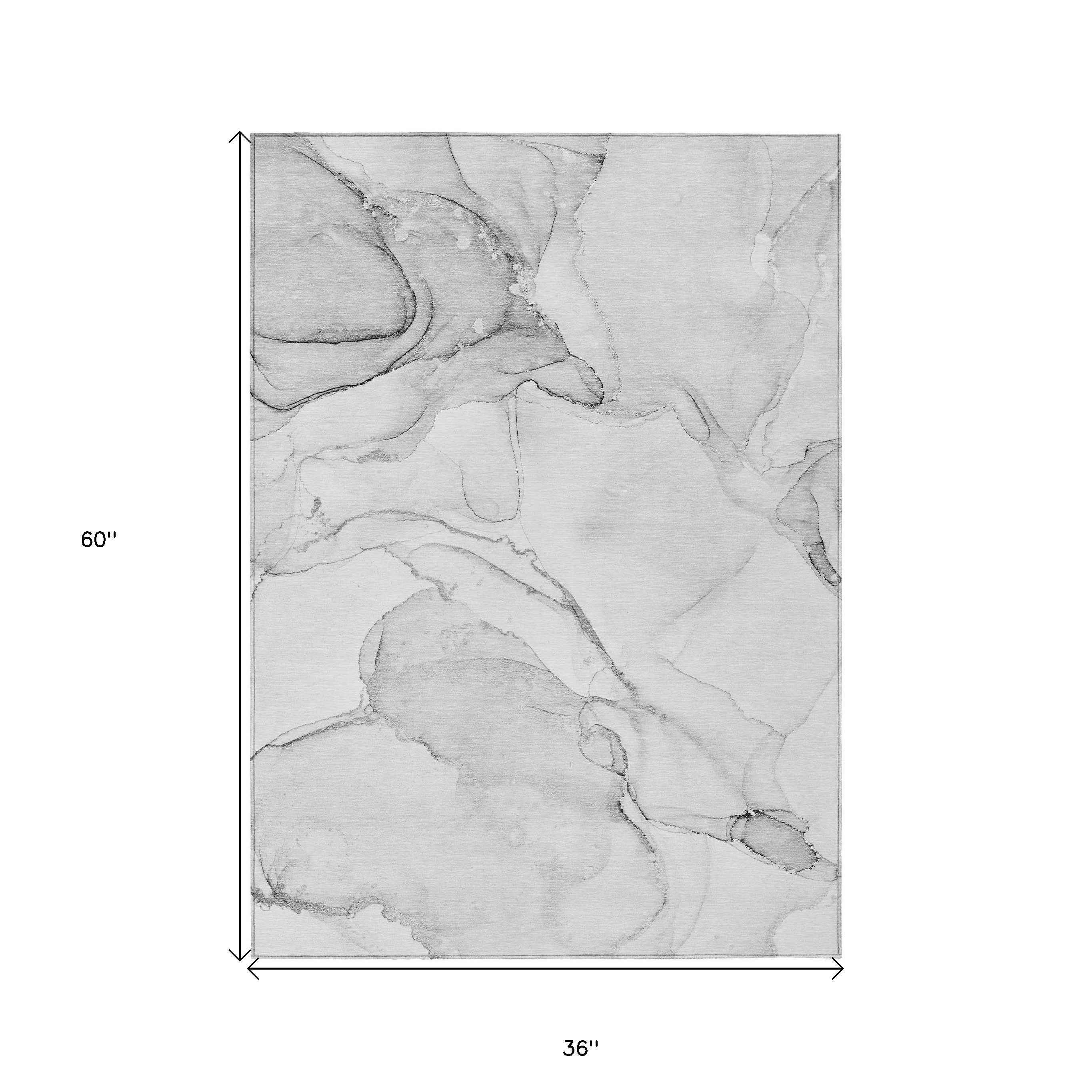 3' X 5' Silver Abstract Washable Non Skid Indoor Outdoor Area Rug