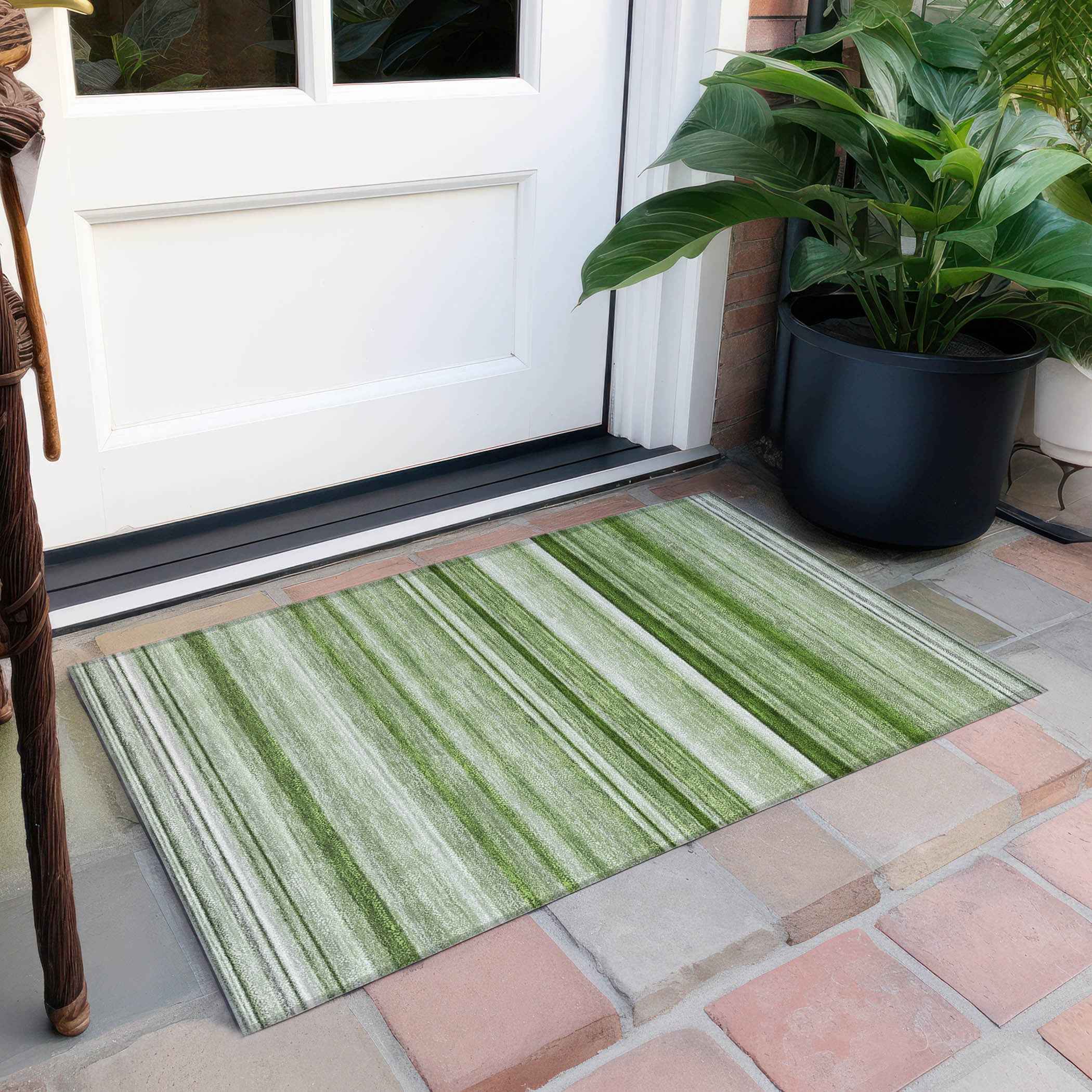 2' X 3' Artichoke Green Striped Washable Indoor Outdoor Area Rug
