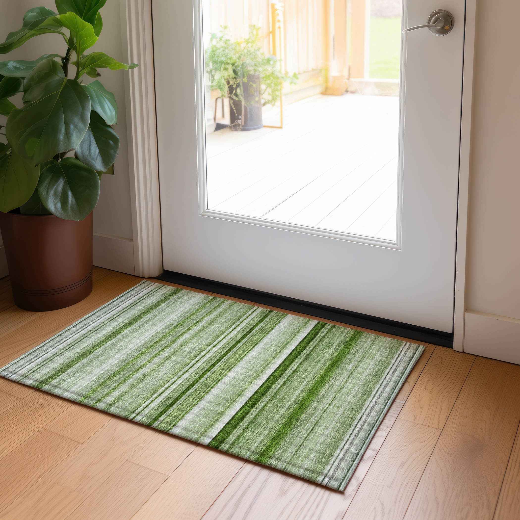 2' X 3' Artichoke Green Striped Washable Indoor Outdoor Area Rug