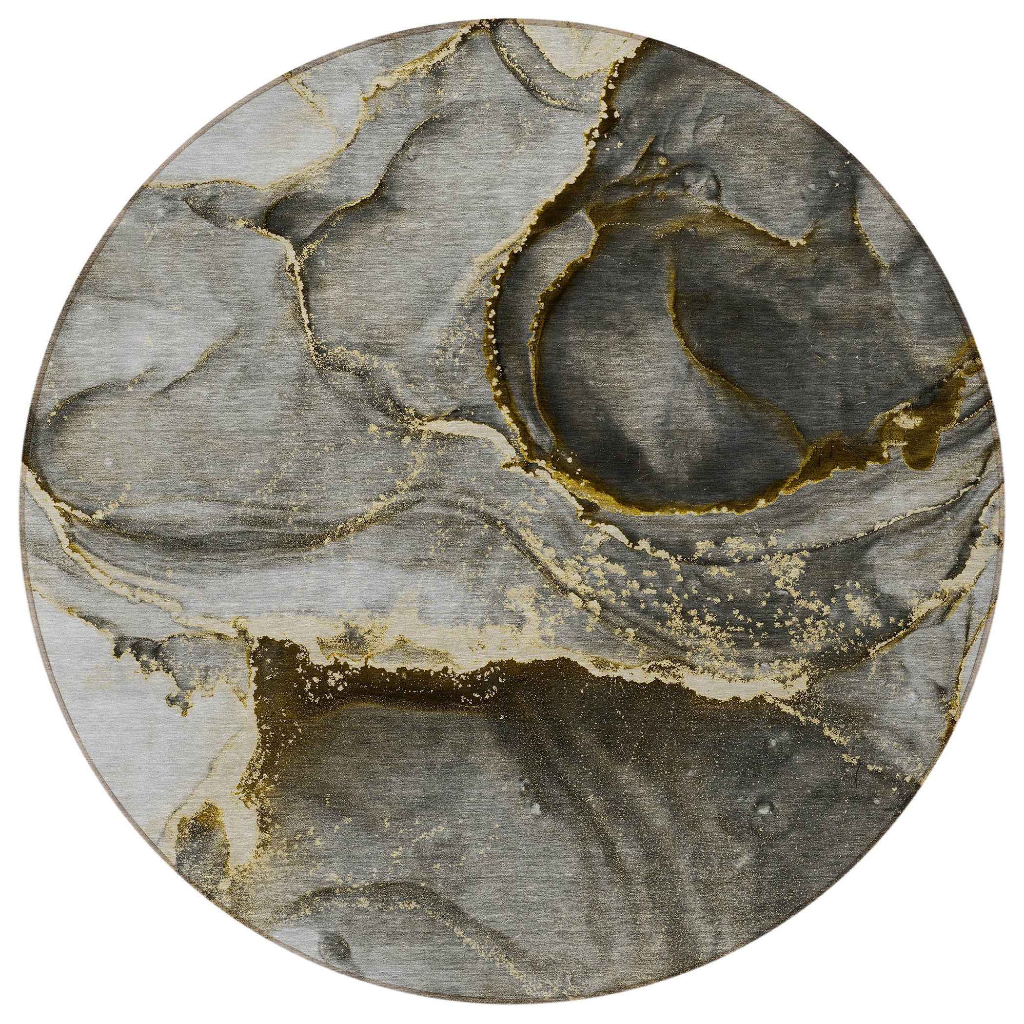 8' Round Gray and Gold Round Abstract Washable Non Skid Indoor Outdoor Area Rug