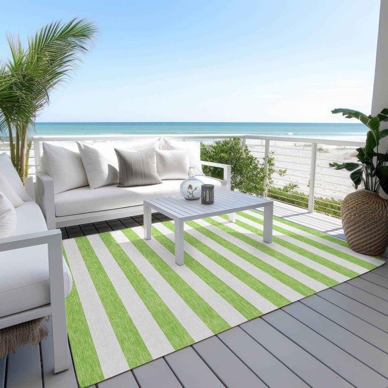 8' X 10' Green and White Striped Washable Non Skid Indoor Outdoor Area Rug