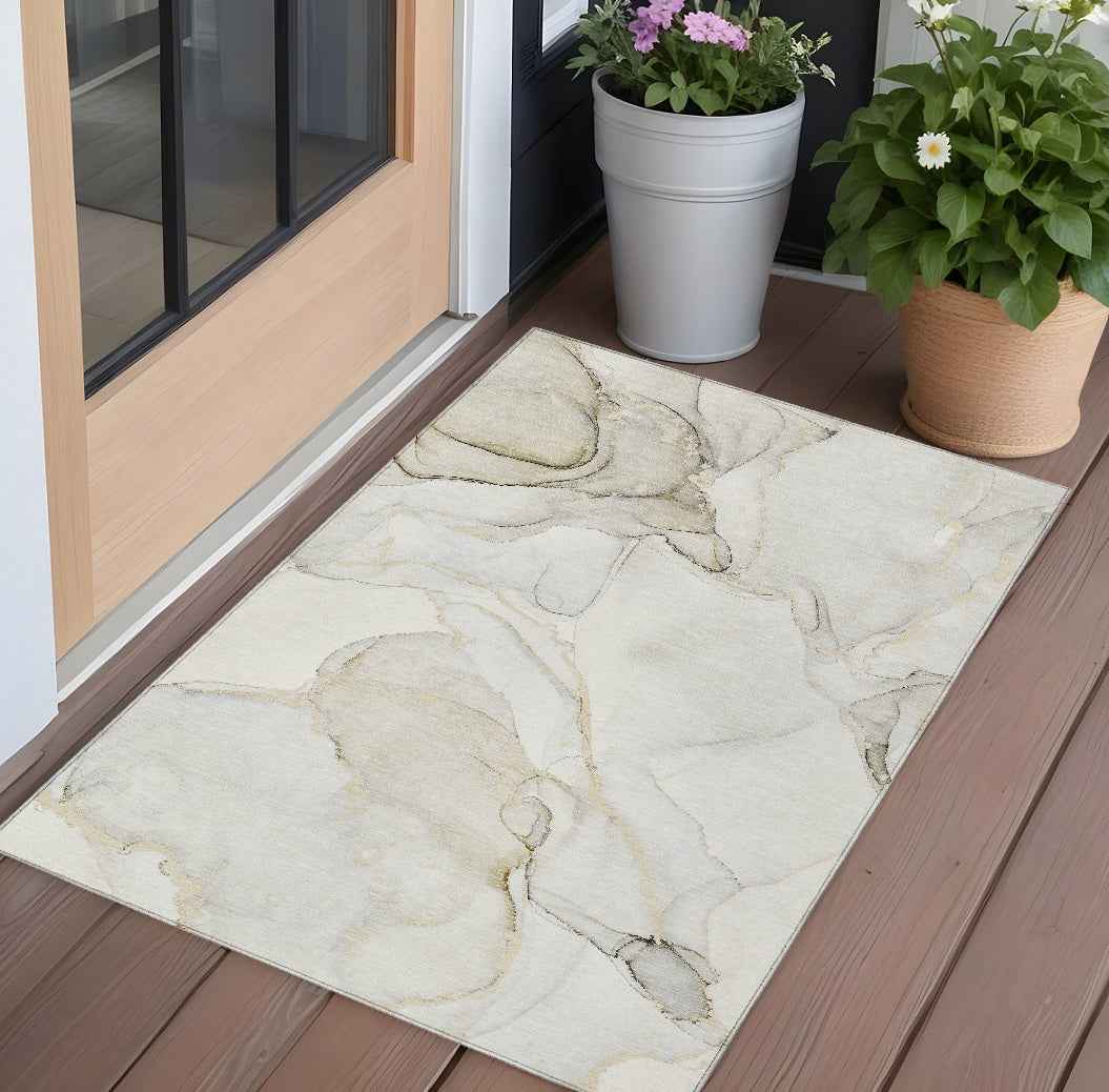 3' X 5' Beige and Ivory Abstract Washable Non Skid Indoor Outdoor Area Rug