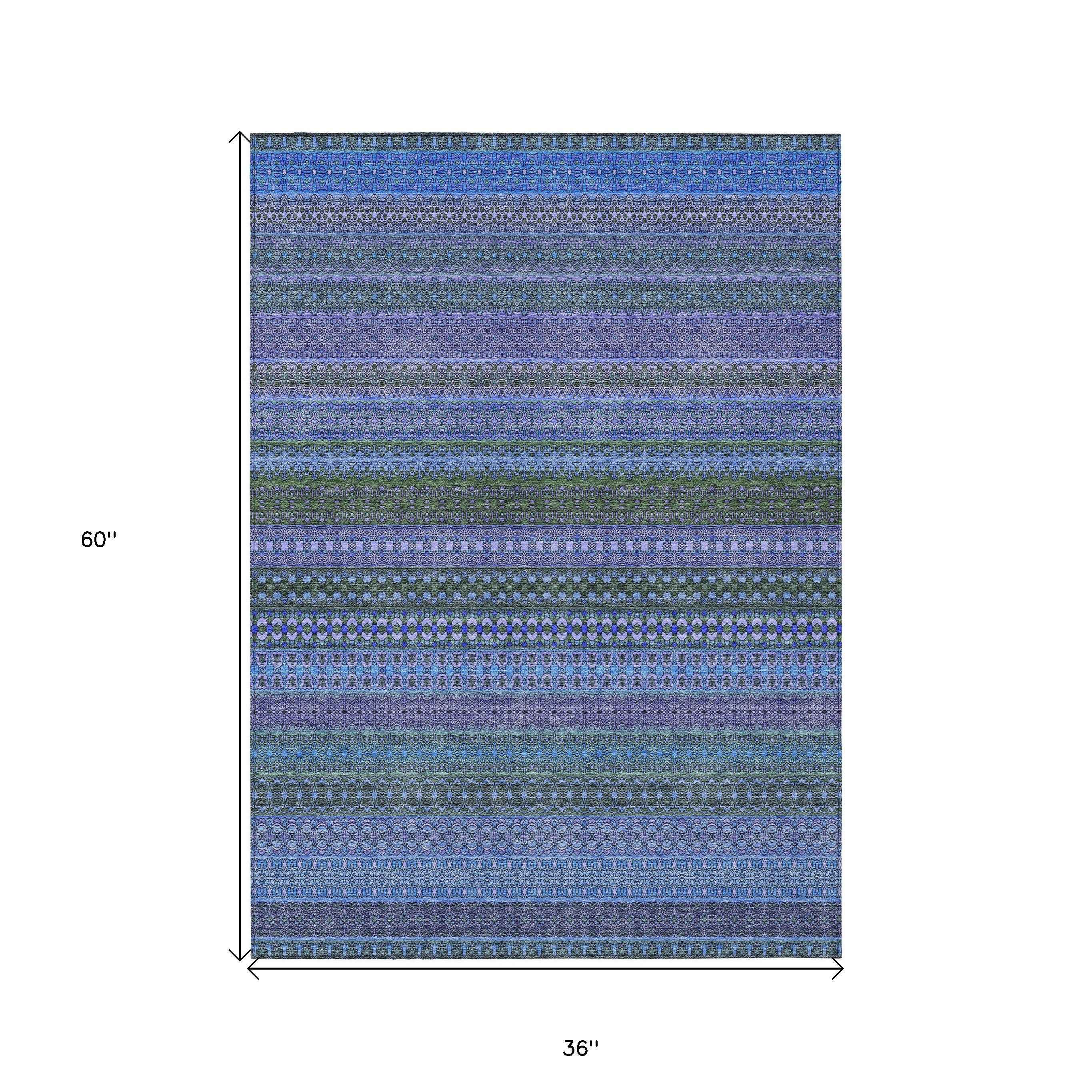 3' X 5' Blue and Green Striped Washable Non Skid Indoor Outdoor Area Rug
