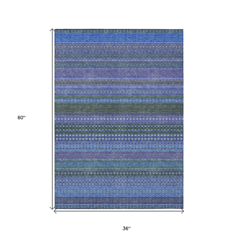 3' X 5' Blue and Green Striped Washable Non Skid Indoor Outdoor Area Rug