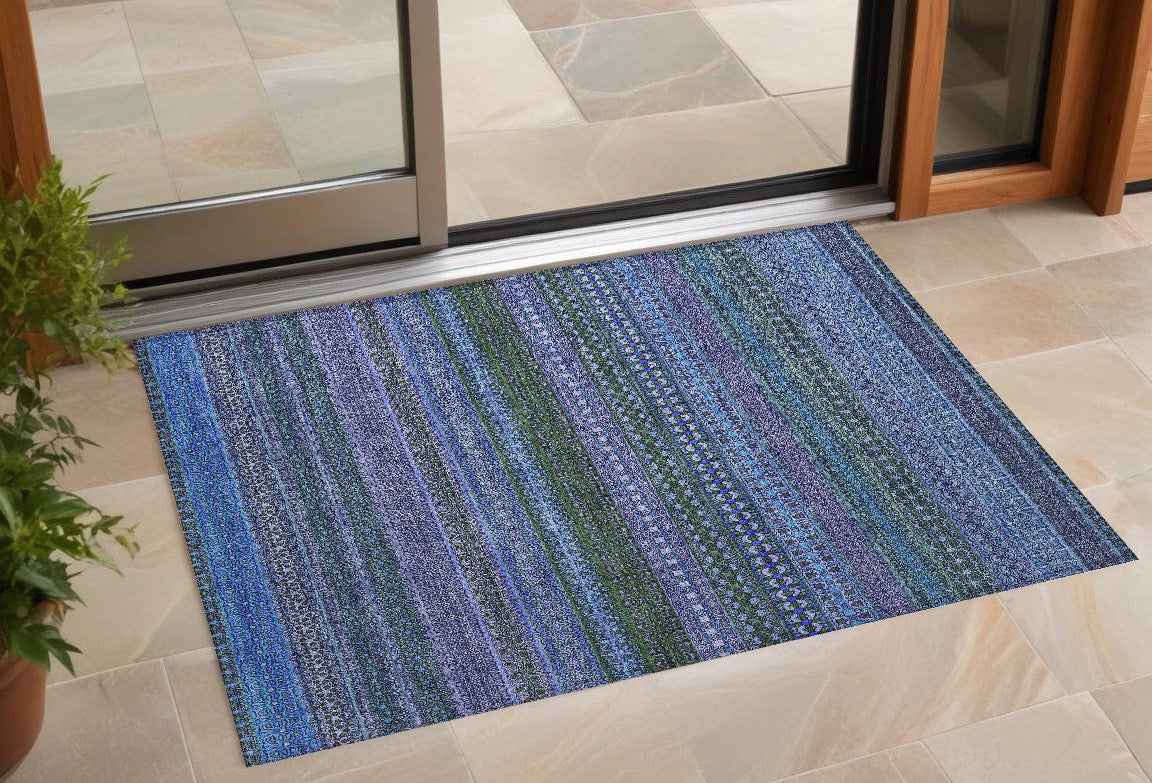 3' X 5' Blue and Green Striped Washable Non Skid Indoor Outdoor Area Rug