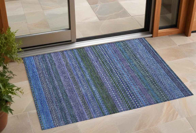 3' X 5' Blue and Green Striped Washable Non Skid Indoor Outdoor Area Rug
