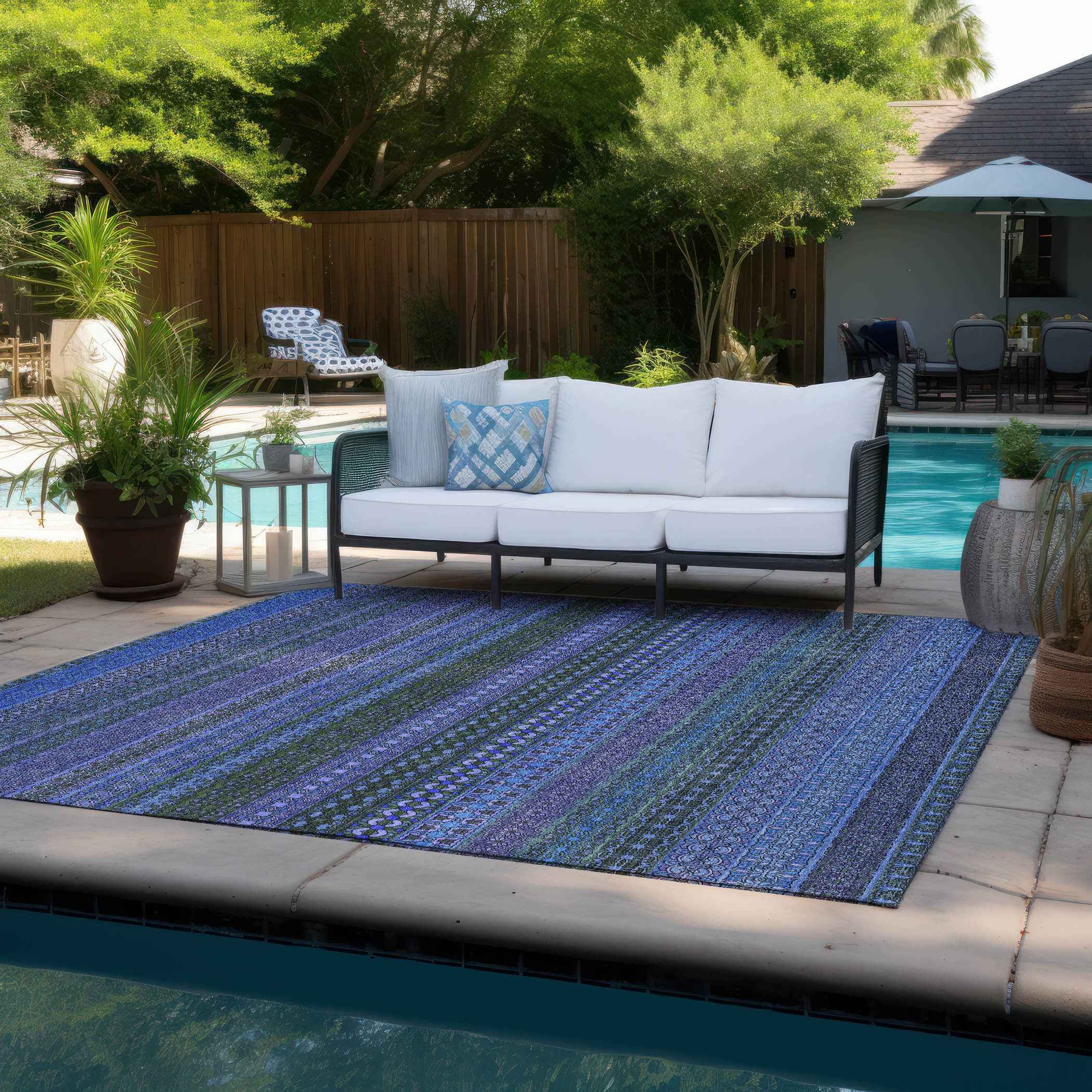 3' X 5' Blue and Green Striped Washable Non Skid Indoor Outdoor Area Rug
