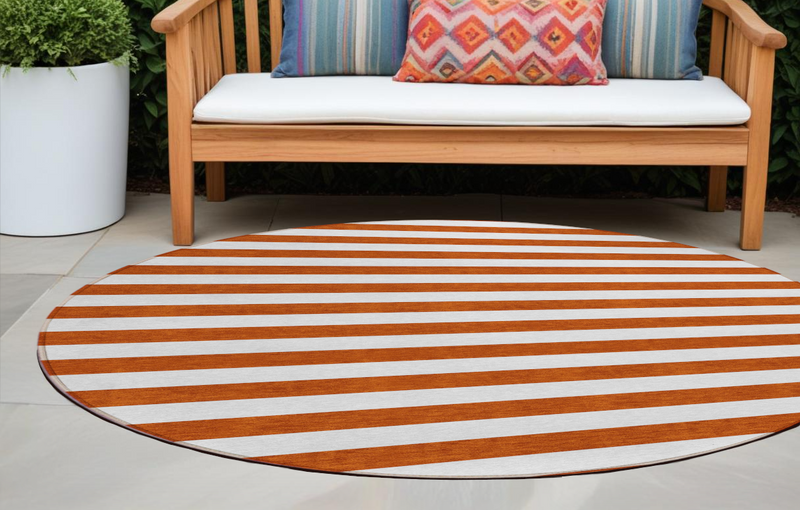 8' Round Orange Round Striped Washable Non Skid Indoor Outdoor Area Rug