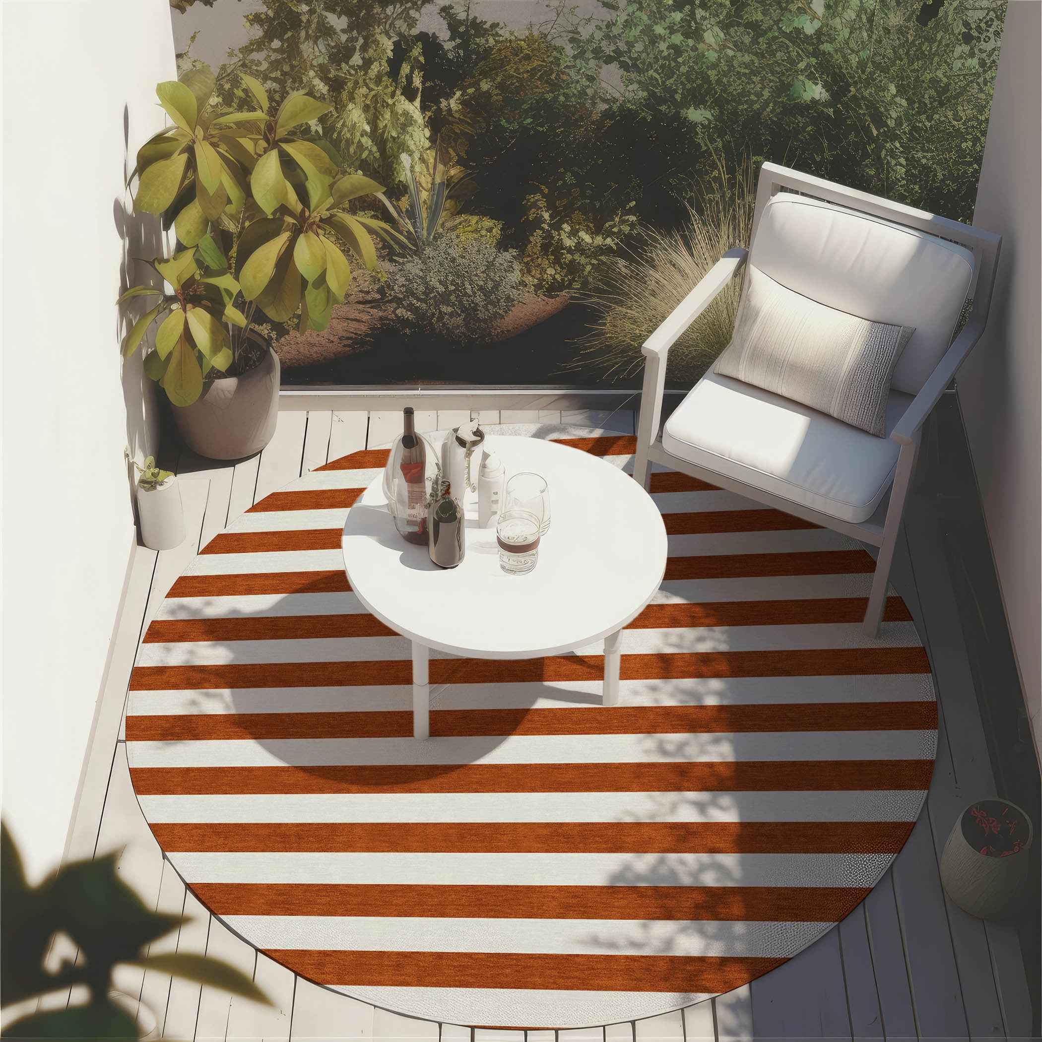 8' Round Orange Round Striped Washable Non Skid Indoor Outdoor Area Rug