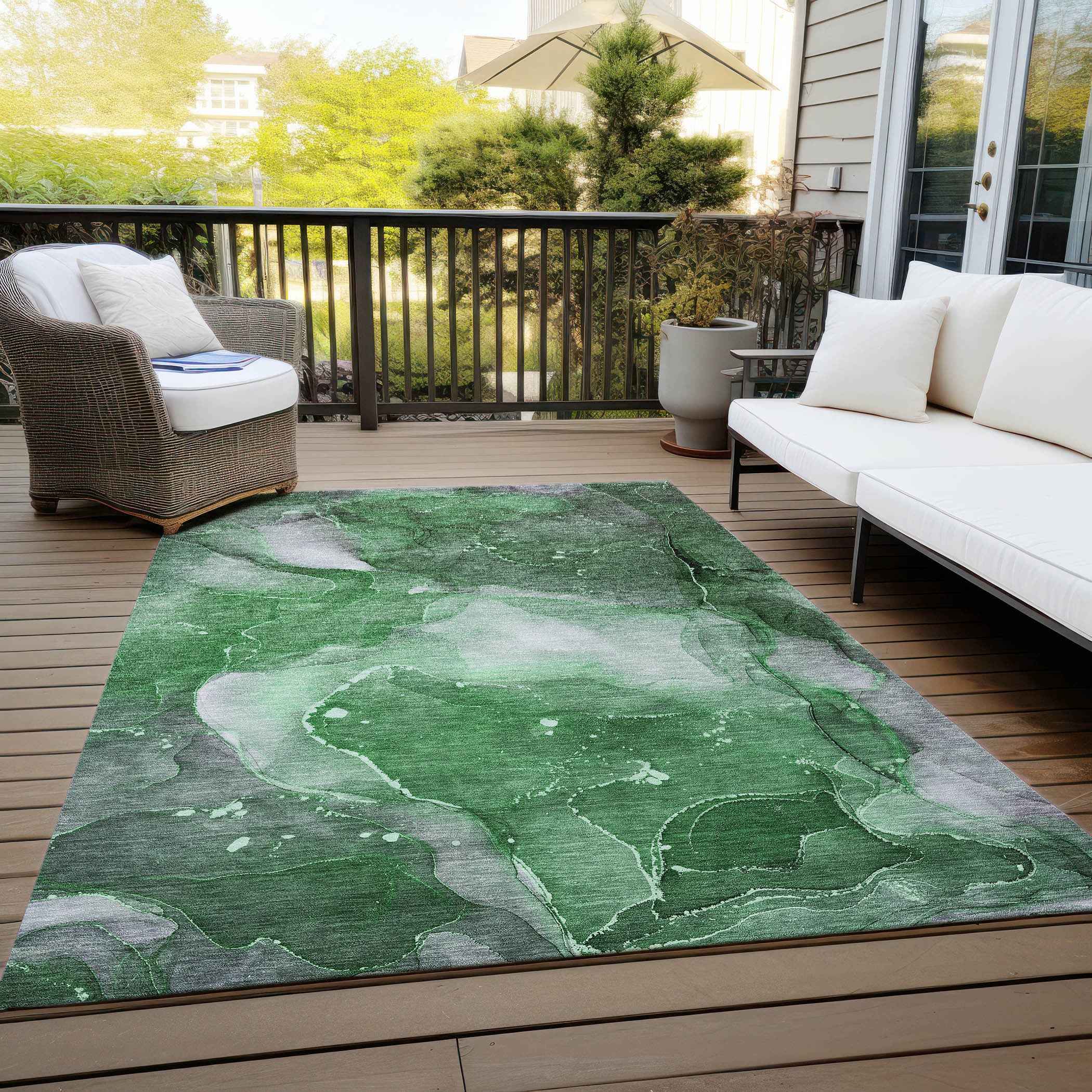 9' X 12' Emerald Abstract Washable Non Skid Indoor Outdoor Area Rug