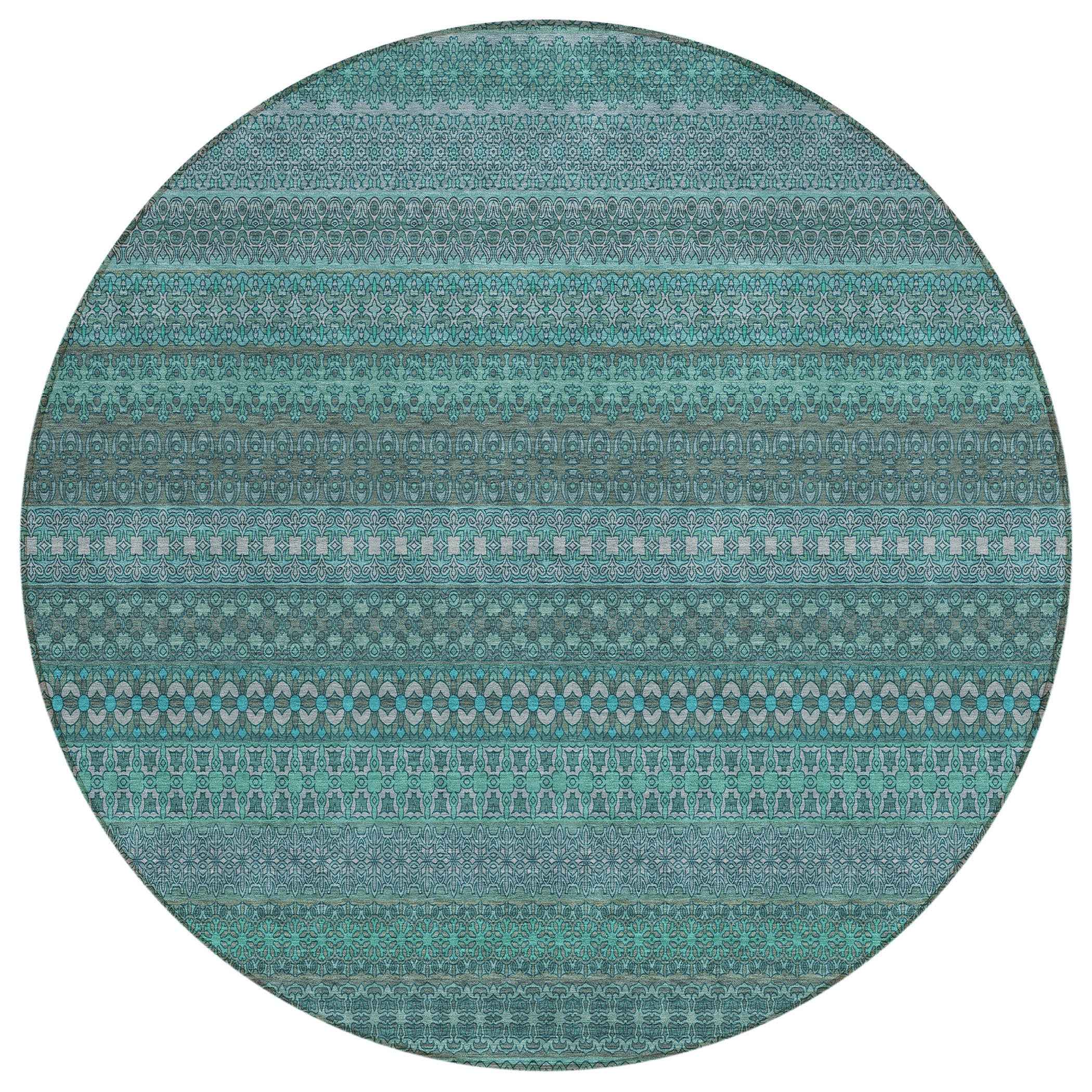 8' Round Turquoise Round Striped Washable Non Skid Indoor Outdoor Area Rug