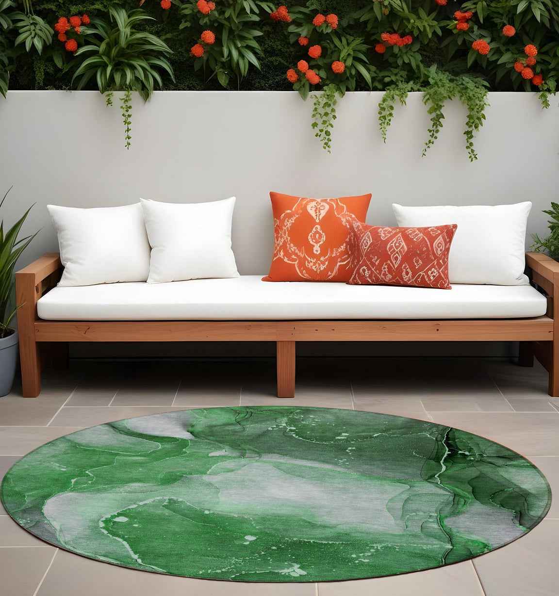 8' Round Emerald Round Abstract Washable Non Skid Indoor Outdoor Area Rug