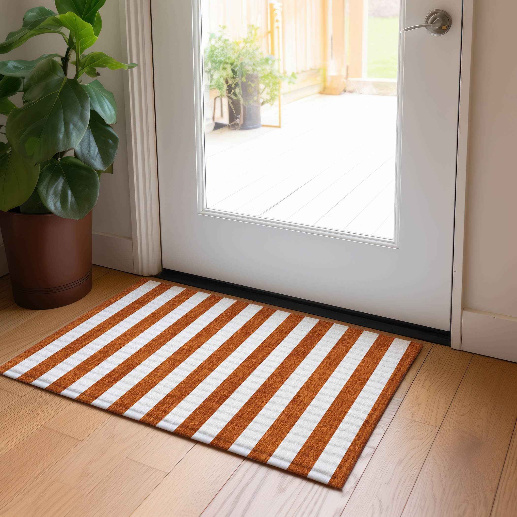 2' X 3' Orange Striped Washable Non Skid Indoor Outdoor Area Rug