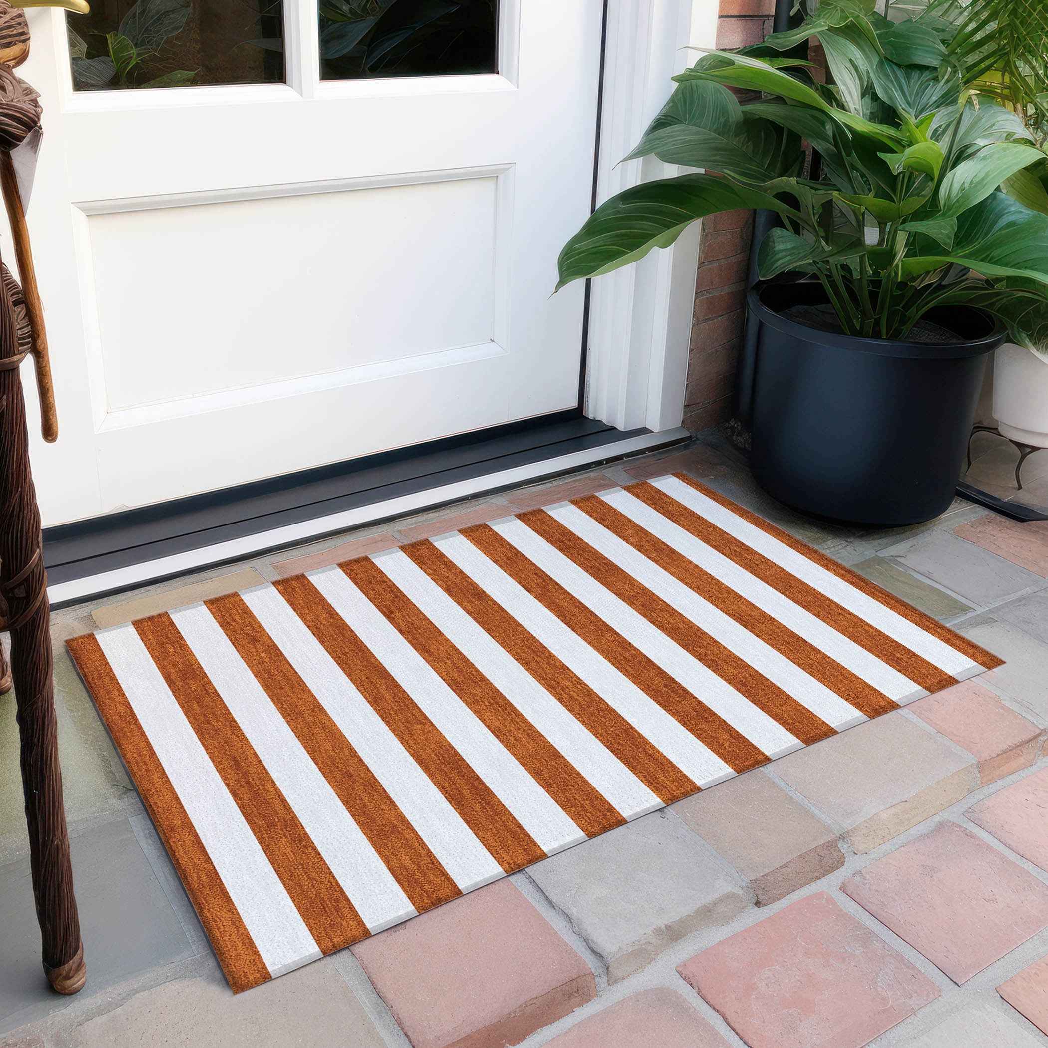 2' X 3' Orange Striped Washable Non Skid Indoor Outdoor Area Rug