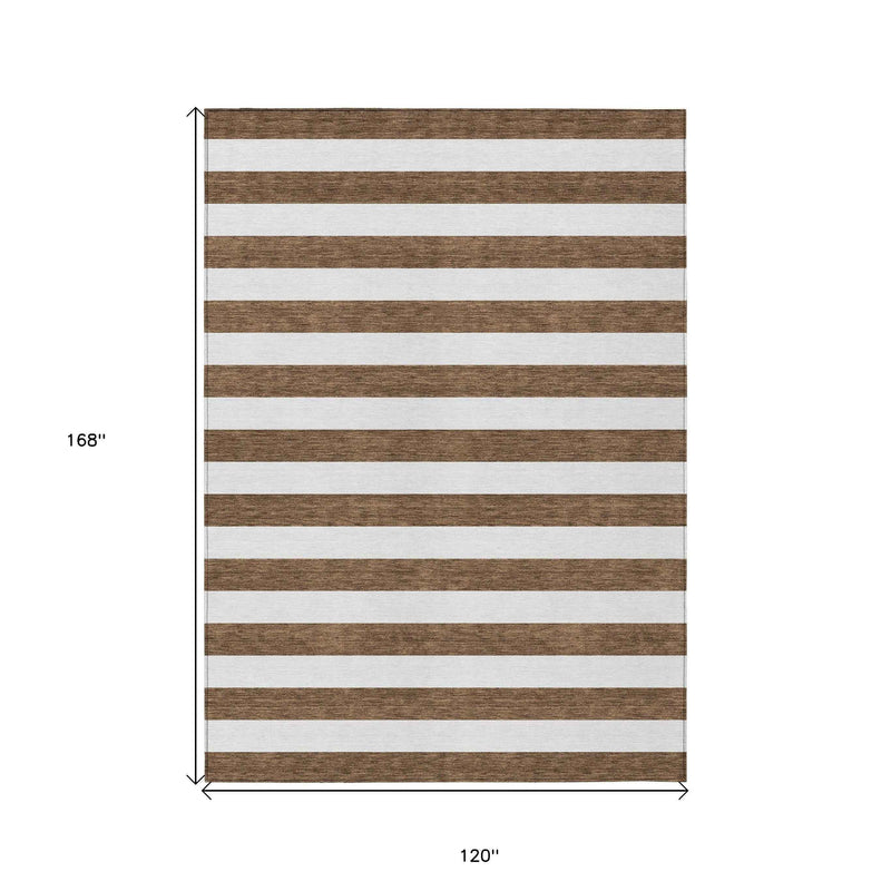10' X 14' Chocolate Striped Washable Non Skid Indoor Outdoor Area Rug