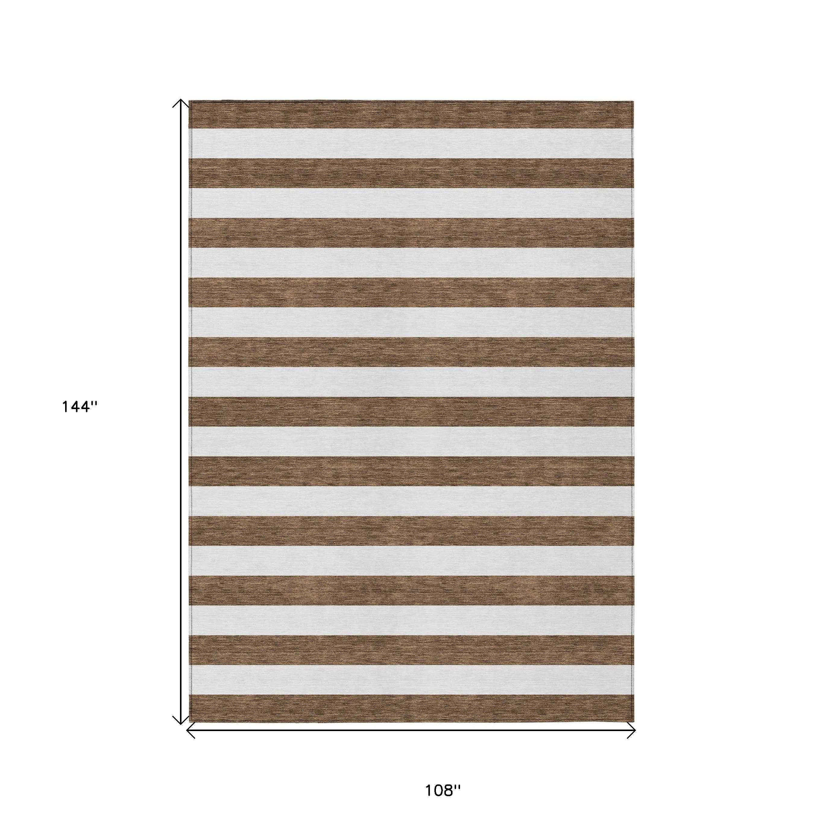 9' X 12' Chocolate Striped Washable Non Skid Indoor Outdoor Area Rug