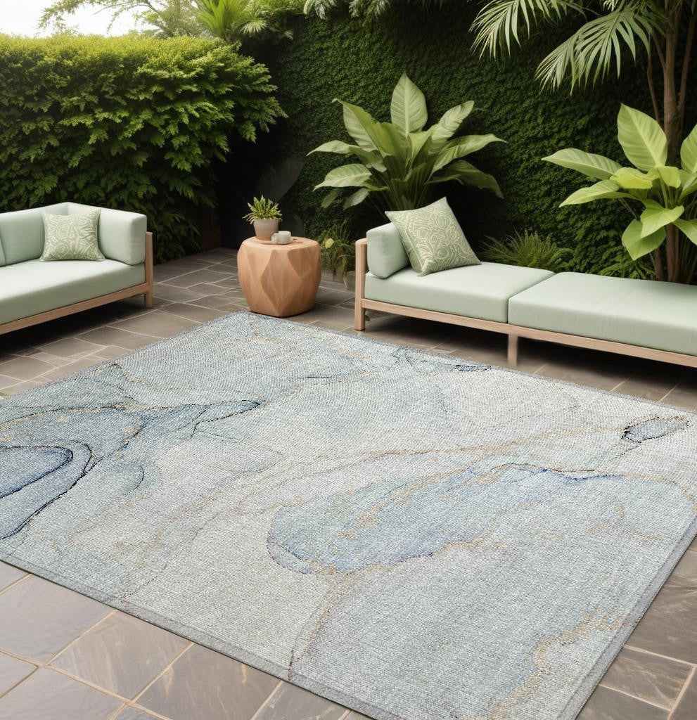 9' X 12' Beige and Blue Abstract Washable Non Skid Indoor Outdoor Area Rug