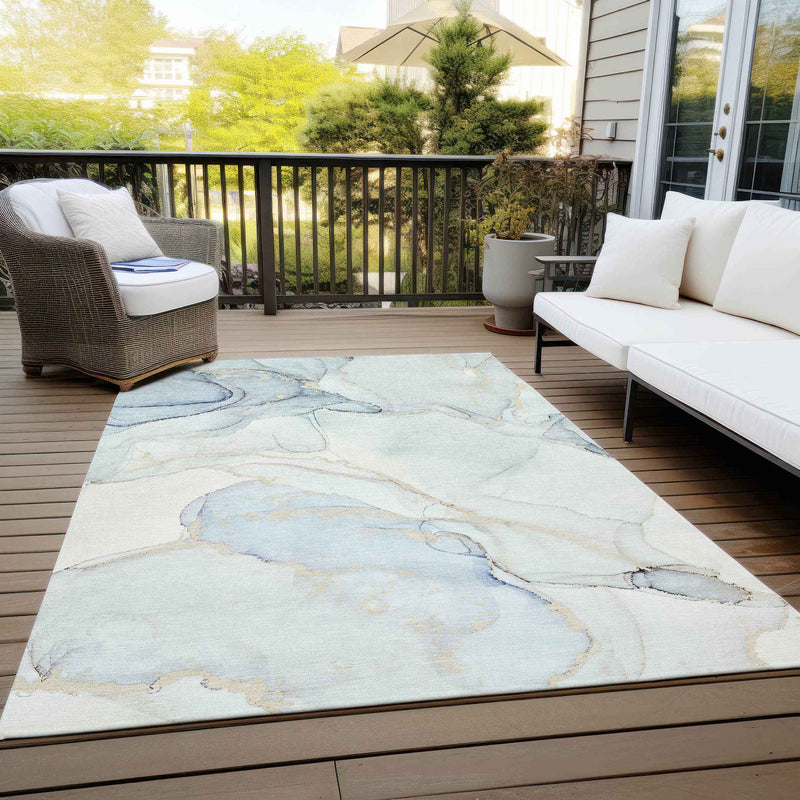 9' X 12' Beige and Blue Abstract Washable Non Skid Indoor Outdoor Area Rug