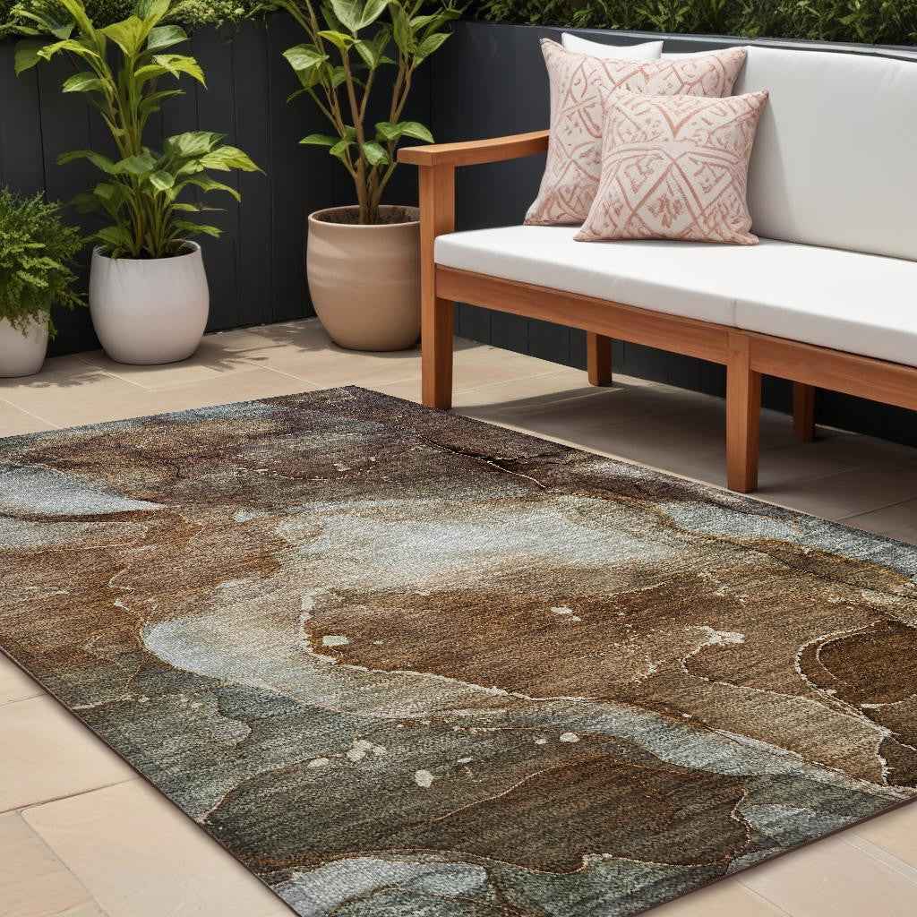 10' X 14' Brown Abstract Washable Non Skid Indoor Outdoor Area Rug