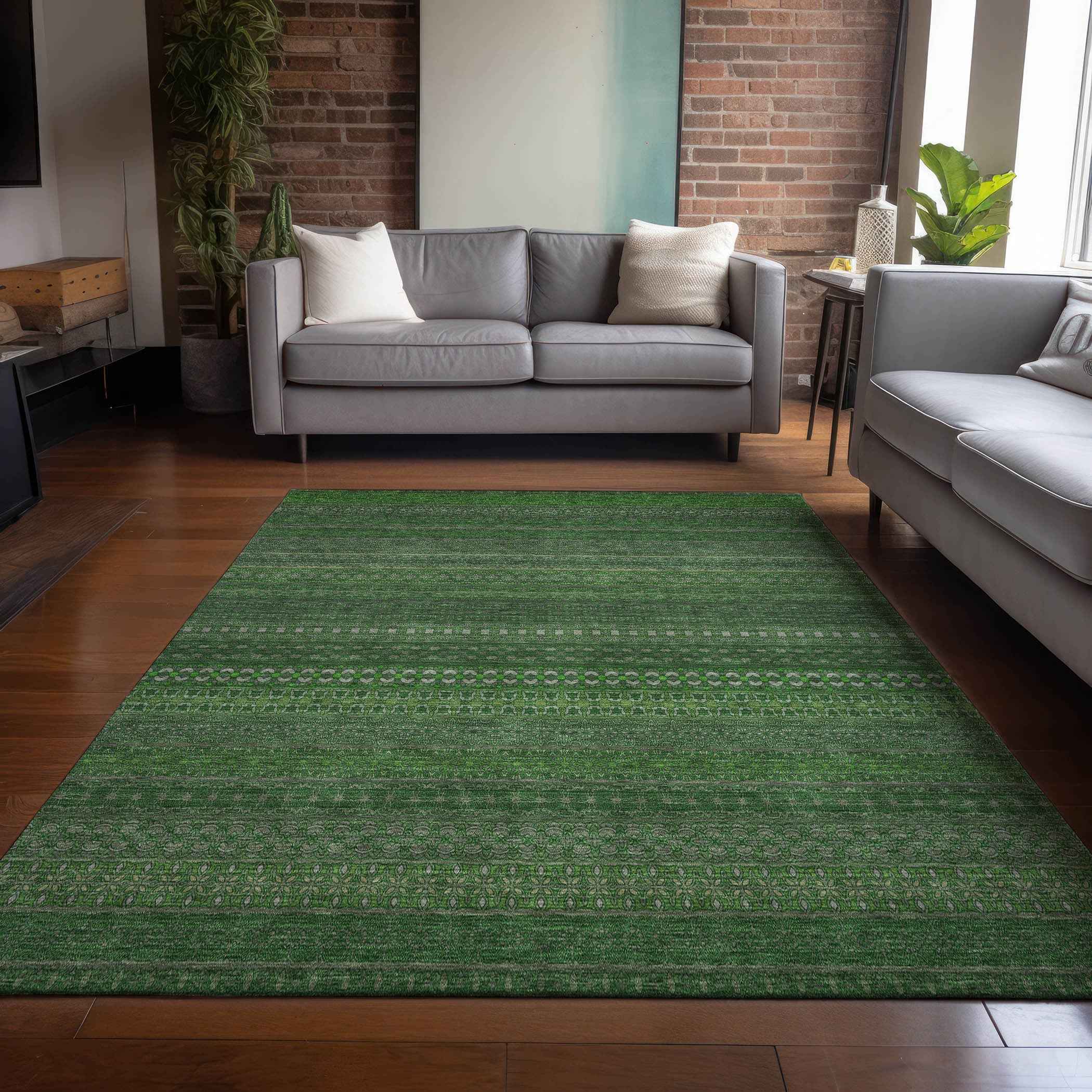 9' X 12' Fern Green Striped Washable Non Skid Indoor Outdoor Area Rug