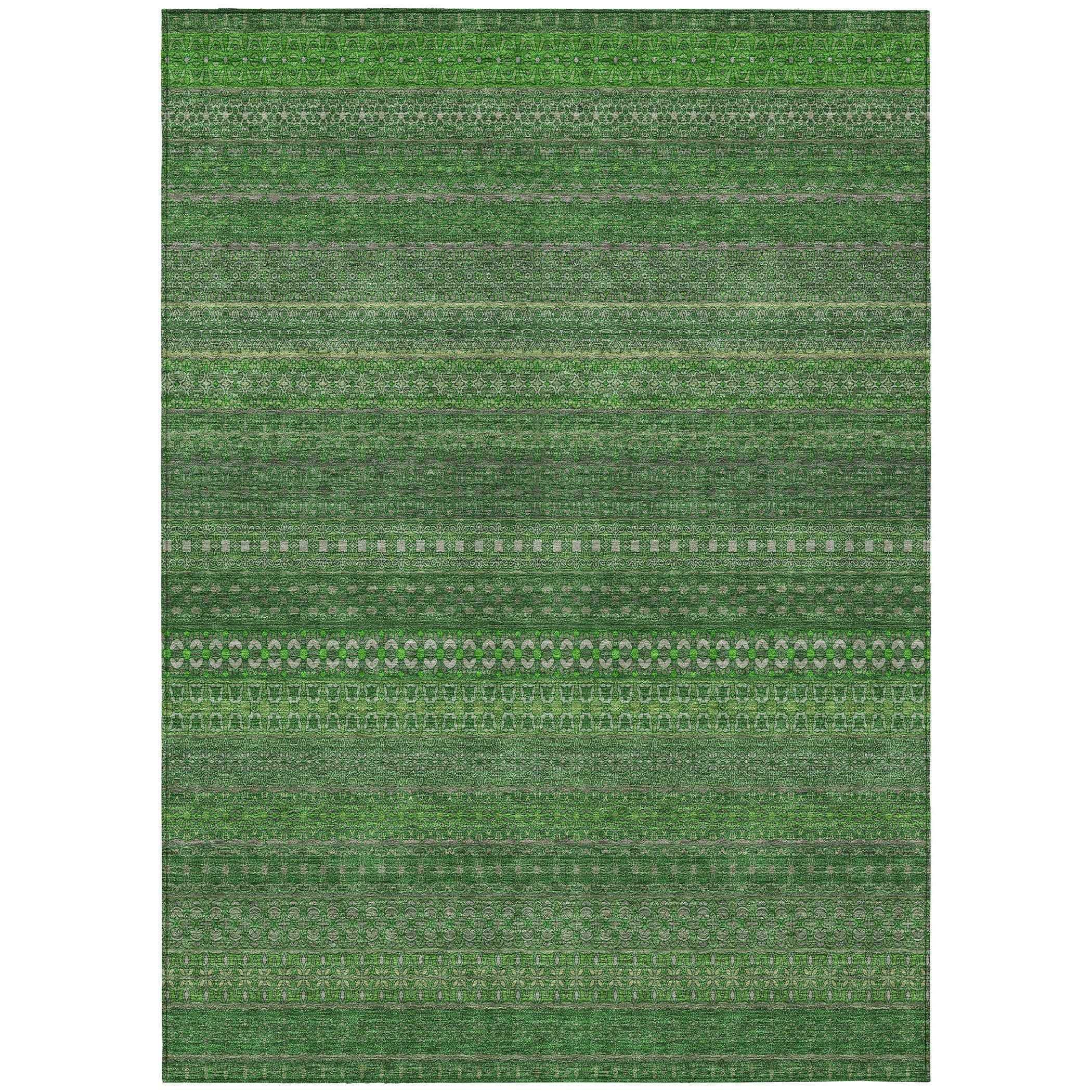 9' X 12' Fern Green Striped Washable Non Skid Indoor Outdoor Area Rug