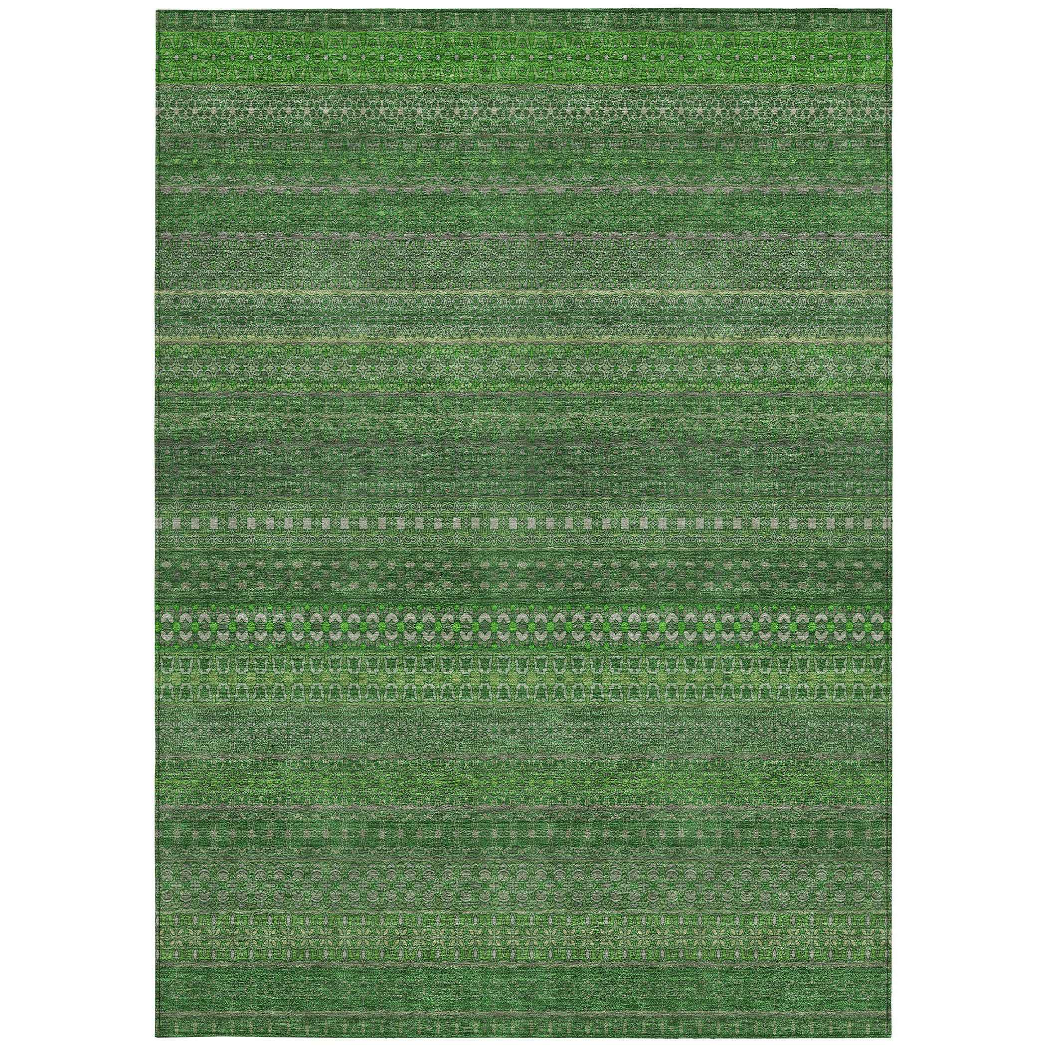 9' X 12' Fern Green Striped Washable Non Skid Indoor Outdoor Area Rug