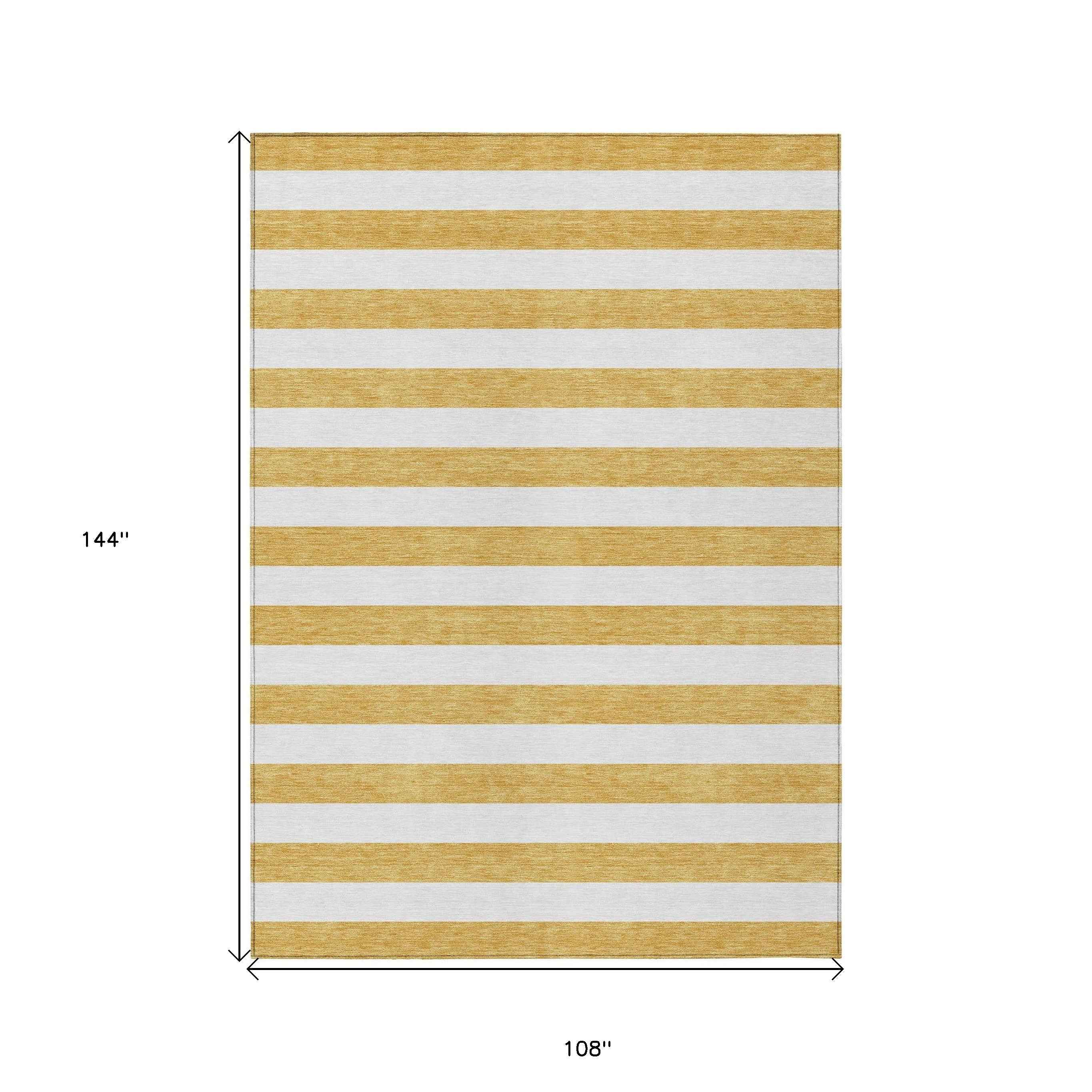 9' X 12' Gold Striped Washable Non Skid Indoor Outdoor Area Rug