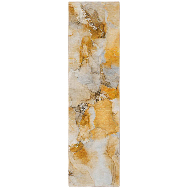 2' X 8' Orange and Ivory Abstract Washable Indoor Outdoor Runner Rug