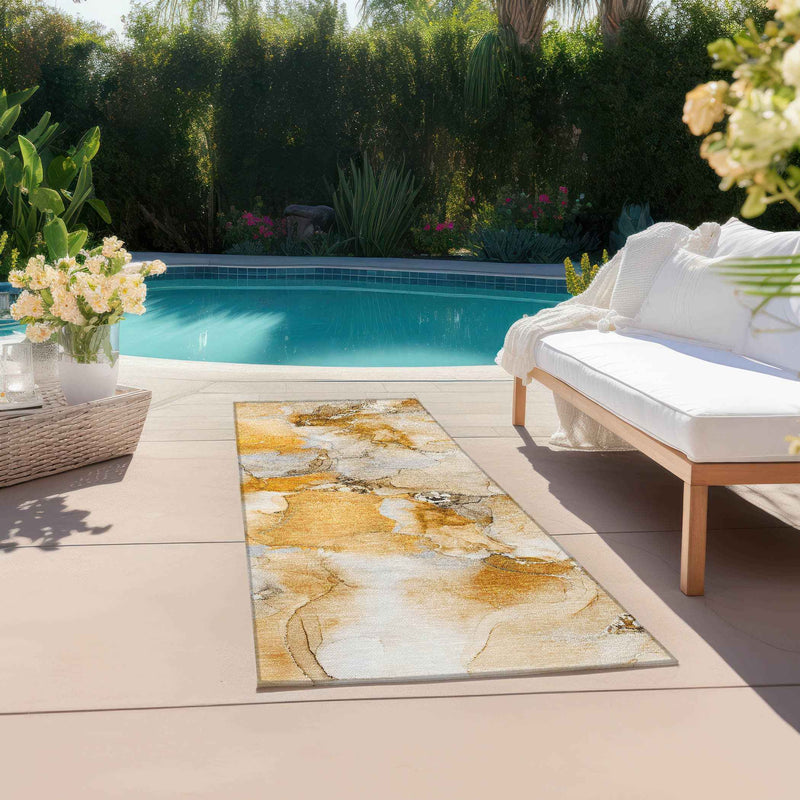 2' X 8' Orange and Ivory Abstract Washable Indoor Outdoor Runner Rug