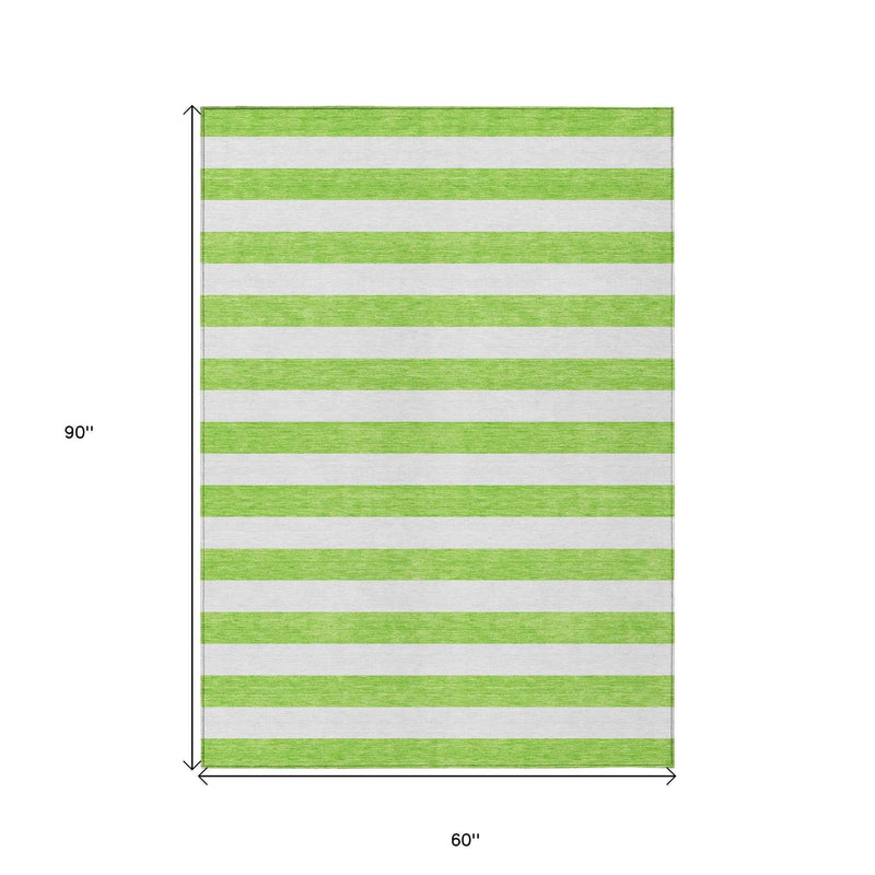 5' X 8' Green and White Striped Washable Non Skid Indoor Outdoor Area Rug