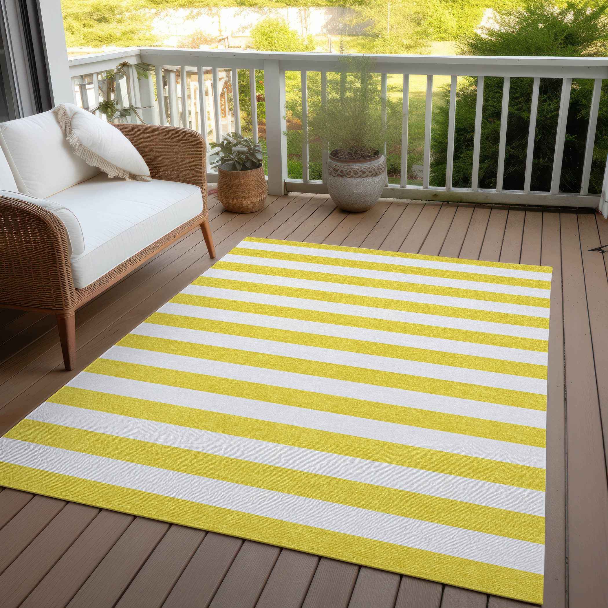 3' X 5' Yellow and White Striped Washable Indoor Outdoor Area Rug