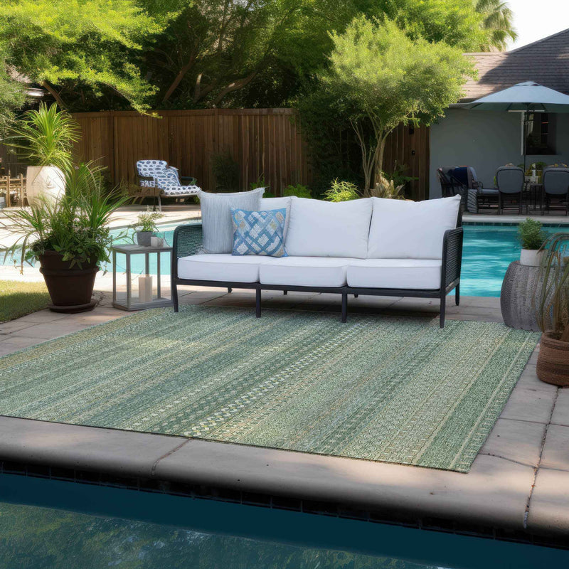 5' X 8' Artichoke Green Striped Washable Non Skid Indoor Outdoor Area Rug