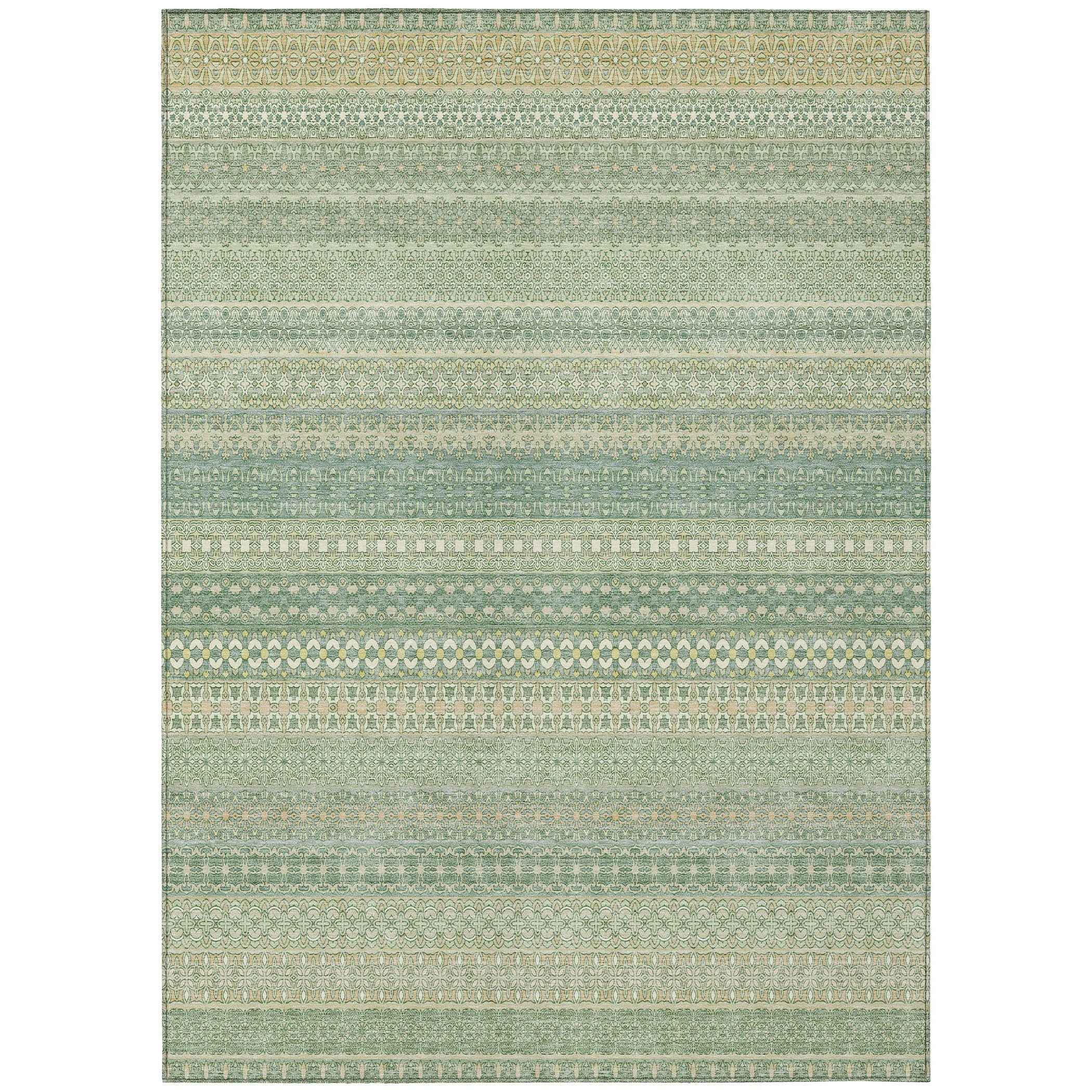 5' X 8' Artichoke Green Striped Washable Non Skid Indoor Outdoor Area Rug