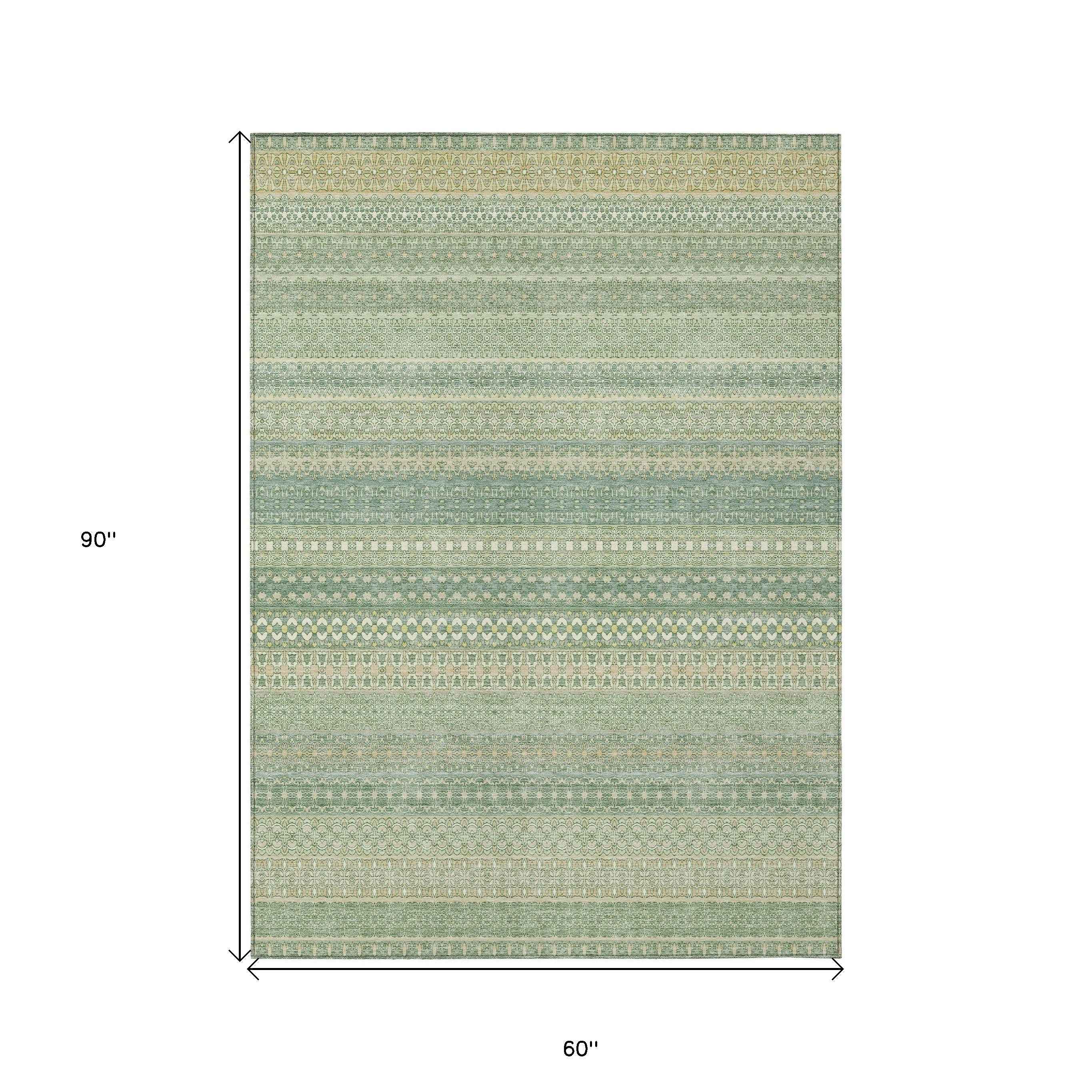 5' X 8' Artichoke Green Striped Washable Non Skid Indoor Outdoor Area Rug