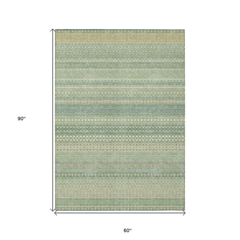 5' X 8' Artichoke Green Striped Washable Non Skid Indoor Outdoor Area Rug