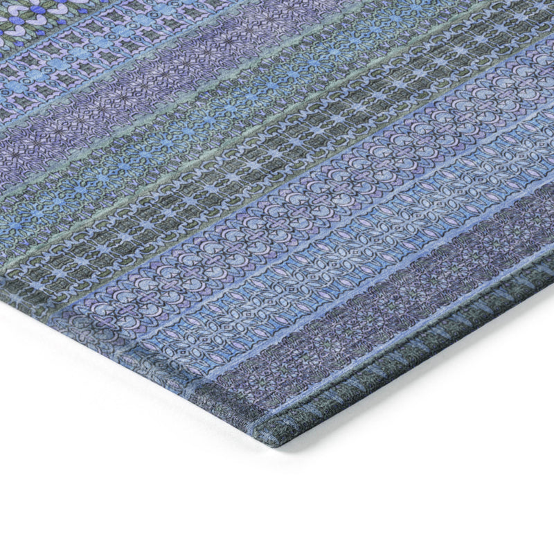 5' X 8' Blue and Green Striped Washable Non Skid Indoor Outdoor Area Rug - Outdoor