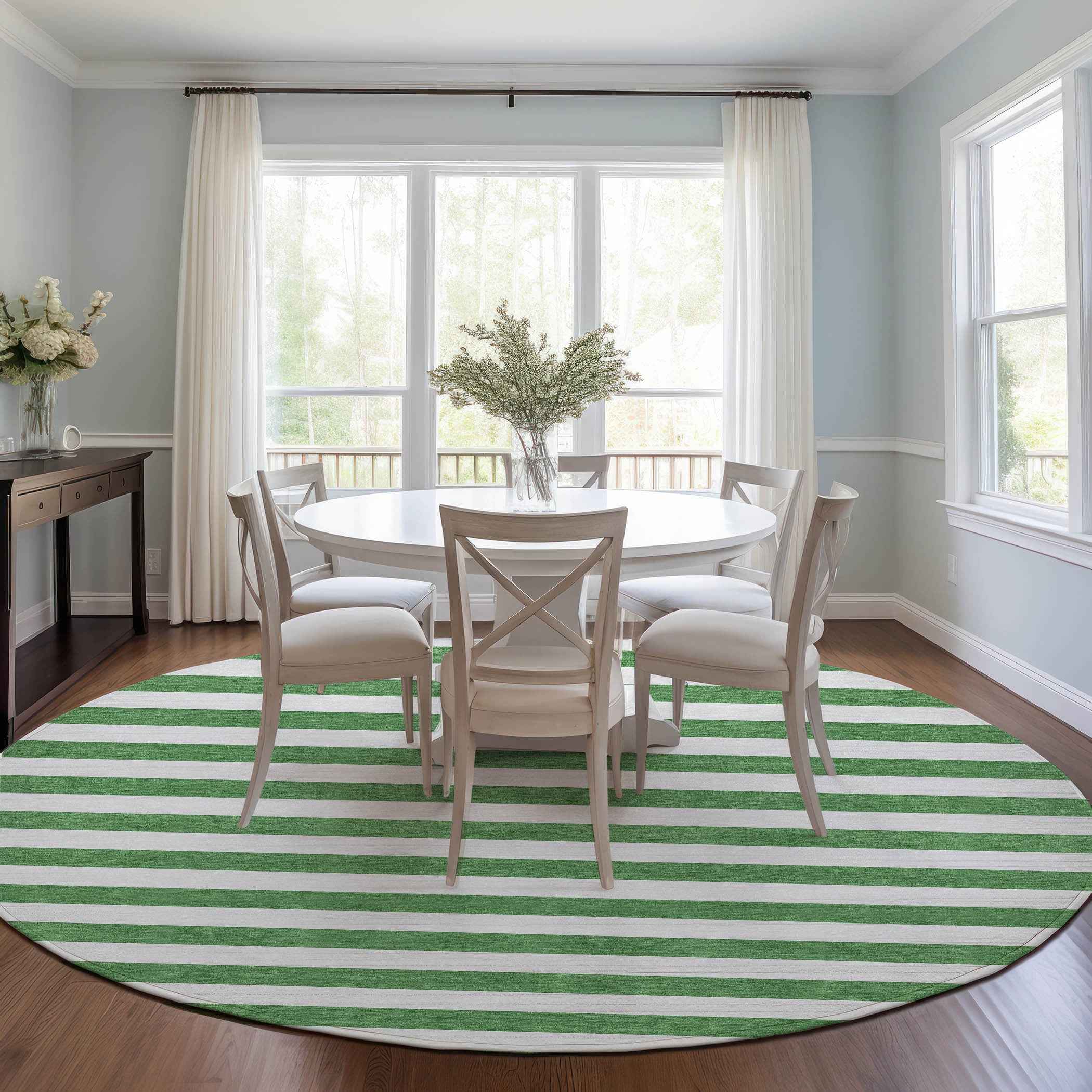 8' X 8' Green and White Round Striped Washable Indoor Outdoor Area Rug