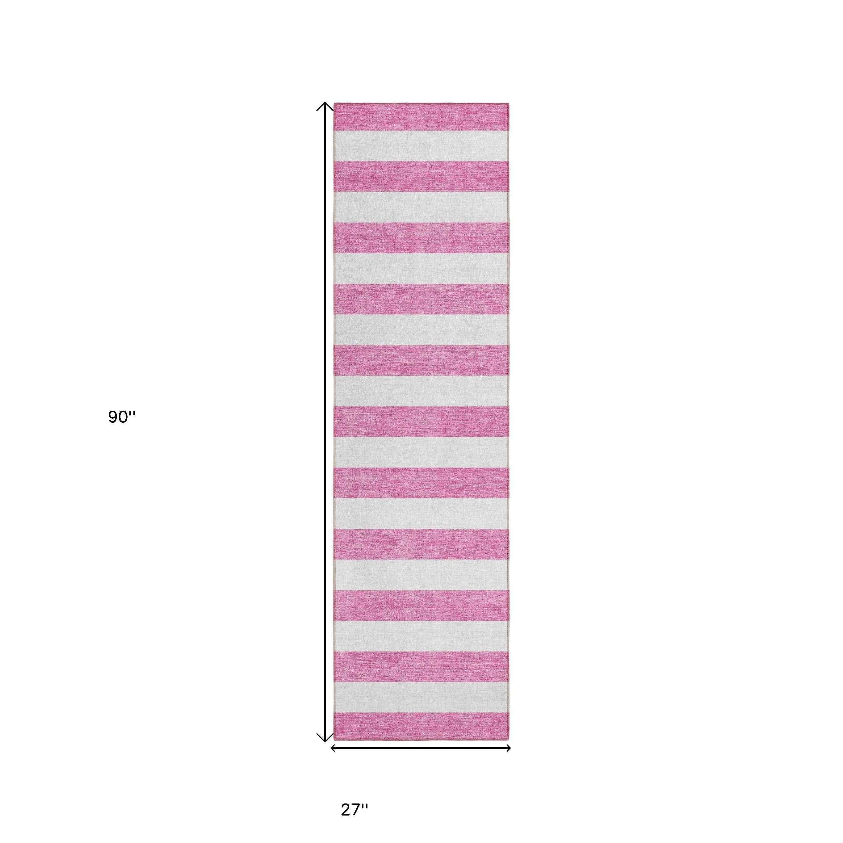 2' X 8' Pink and White Striped Washable Indoor Outdoor Runner Rug