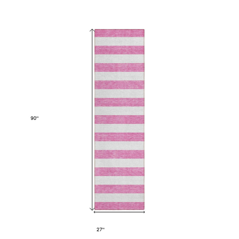 2' X 8' Pink and White Striped Washable Indoor Outdoor Runner Rug