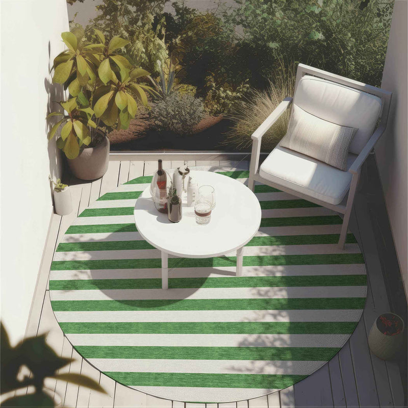 8' X 8' Green and White Round Striped Washable Indoor Outdoor Area Rug